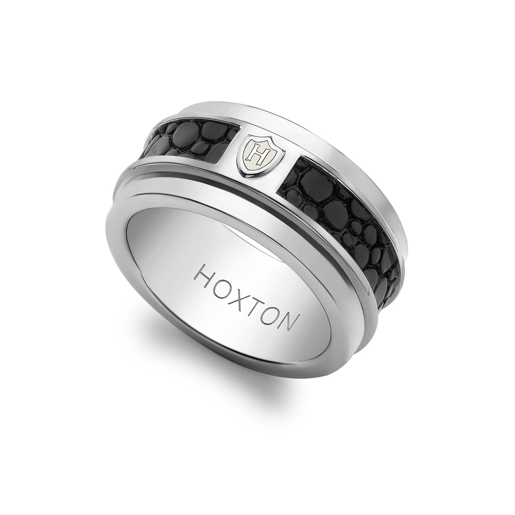 Hoxton London Men's Sterling Silver Black Leather Spinning Ring