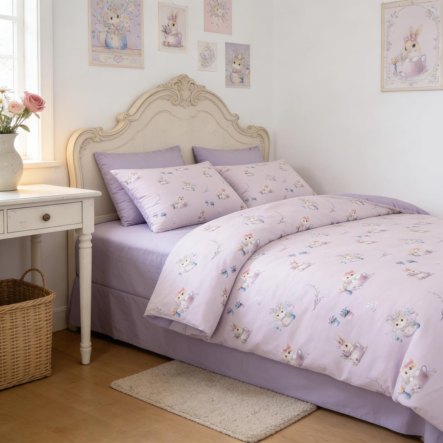 CCoutueChen Taro Purple Kids Duvet Cover Twin for Girls, 2Pcs Botanical Floral Bedding for Kids Kawaii Bedroom Decor, Cute Priness Girly Cat Kitten Comforter Cover with 1 Pillowcase, 68"x86"