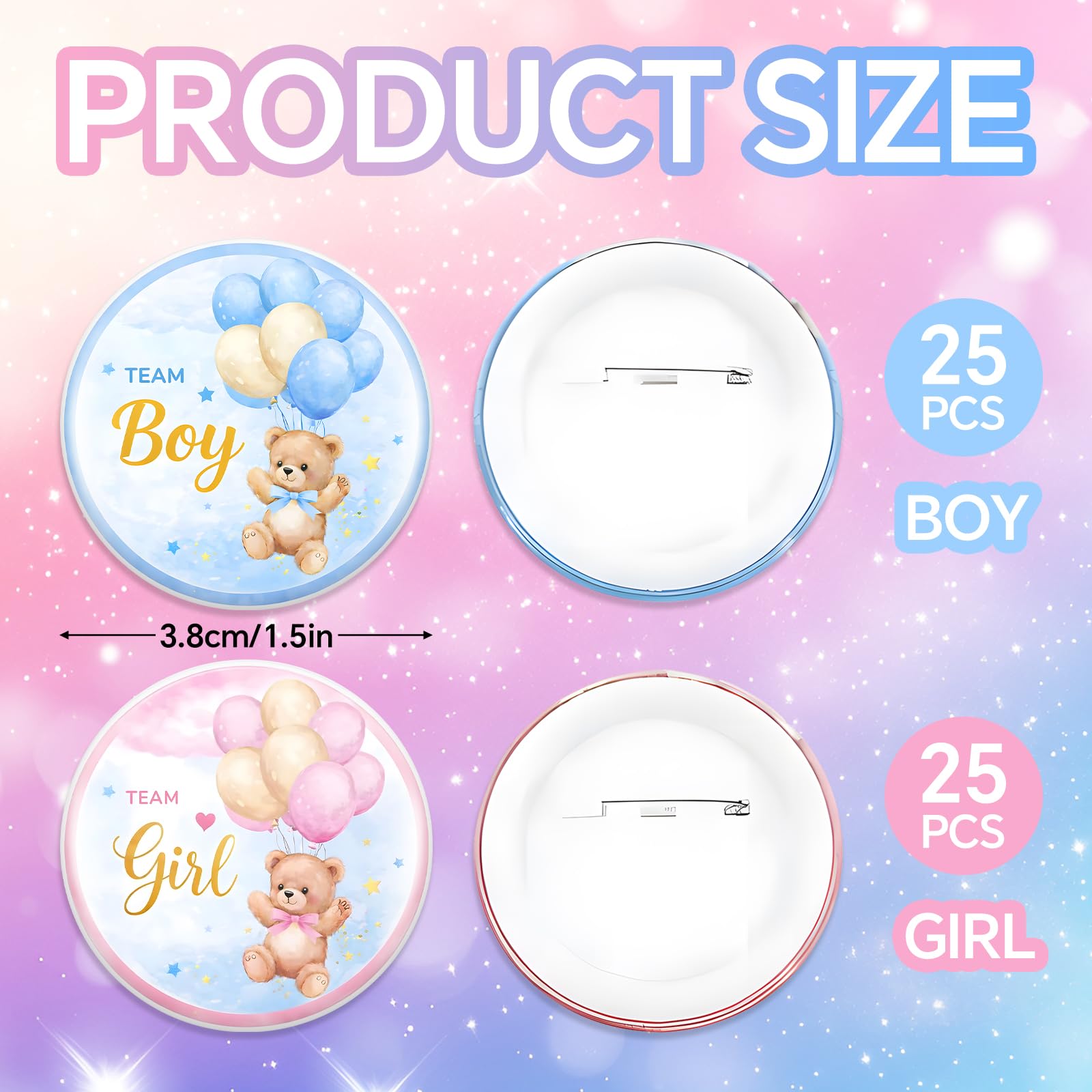 Gender Reveal Decoration Badge 50 Pièces Team Boy Team Girl Ourson Ballons Baby Shower
