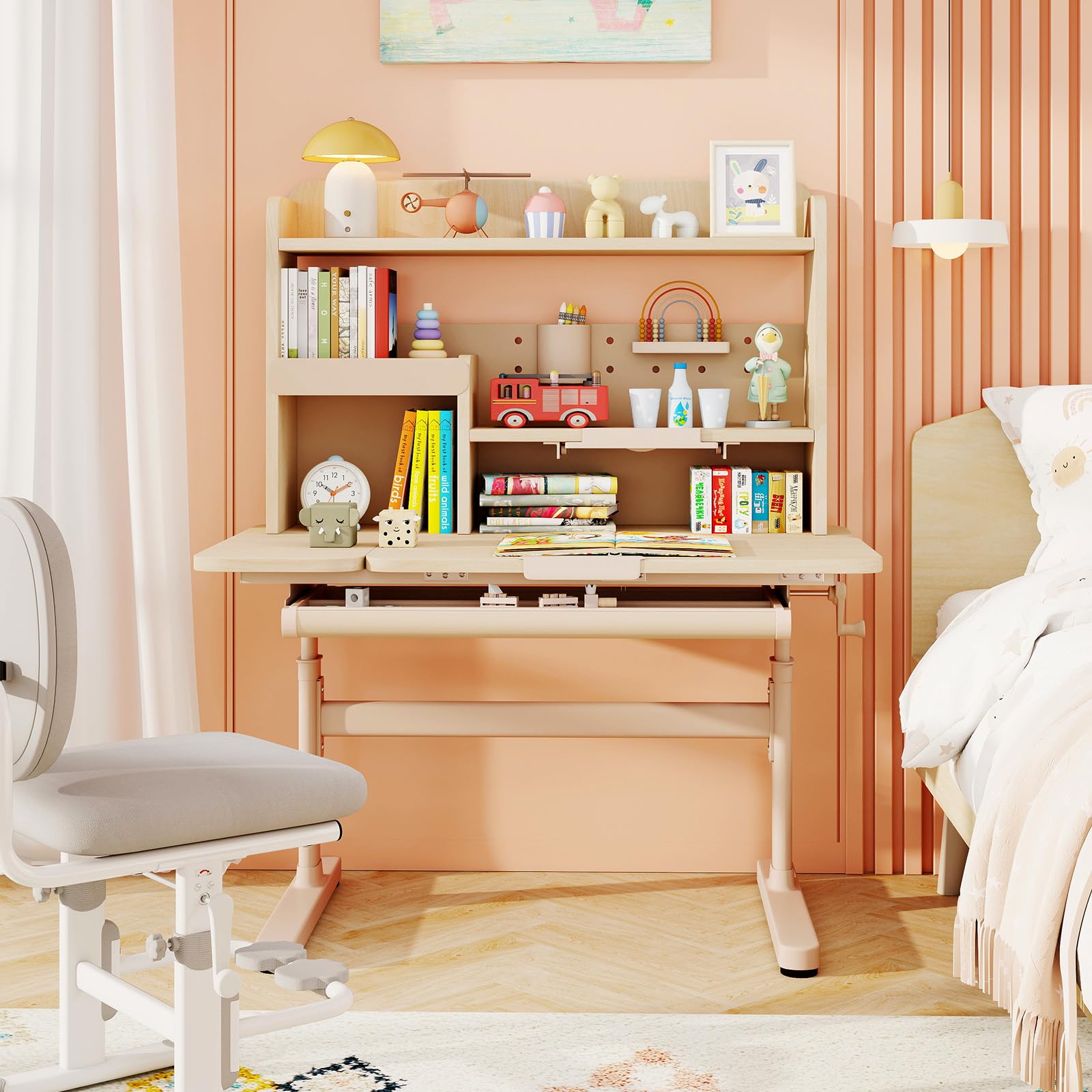 COSTWAY Bureau Enfant Fille Garcon avec Hauteur Réglable, Table Enfant avec Plateau Inclinable, Bibliothèque, Étagères, Tiroir, Support de Livre, Porte-Stylo, Charge 80 kg, pour 3-12 Ans (Naturel)