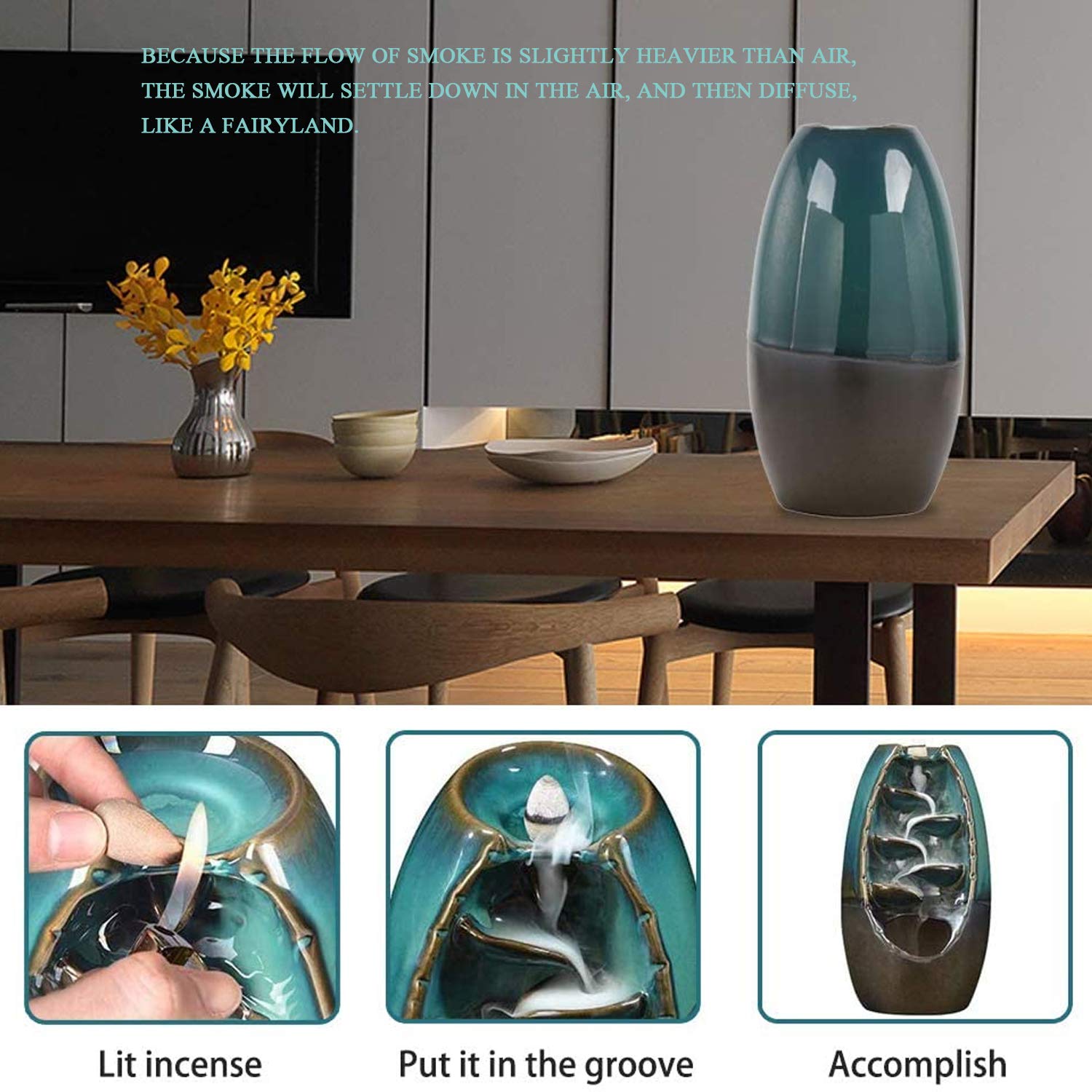 Bruciatore incenso riflusso, ornamenti di incensiere a cascata, decorazioni in ceramica blu aromaterapia, decorazioni per la casa in stile retrò, con 40 tubi di incenso + 1 cuscino + 1 pinzetta