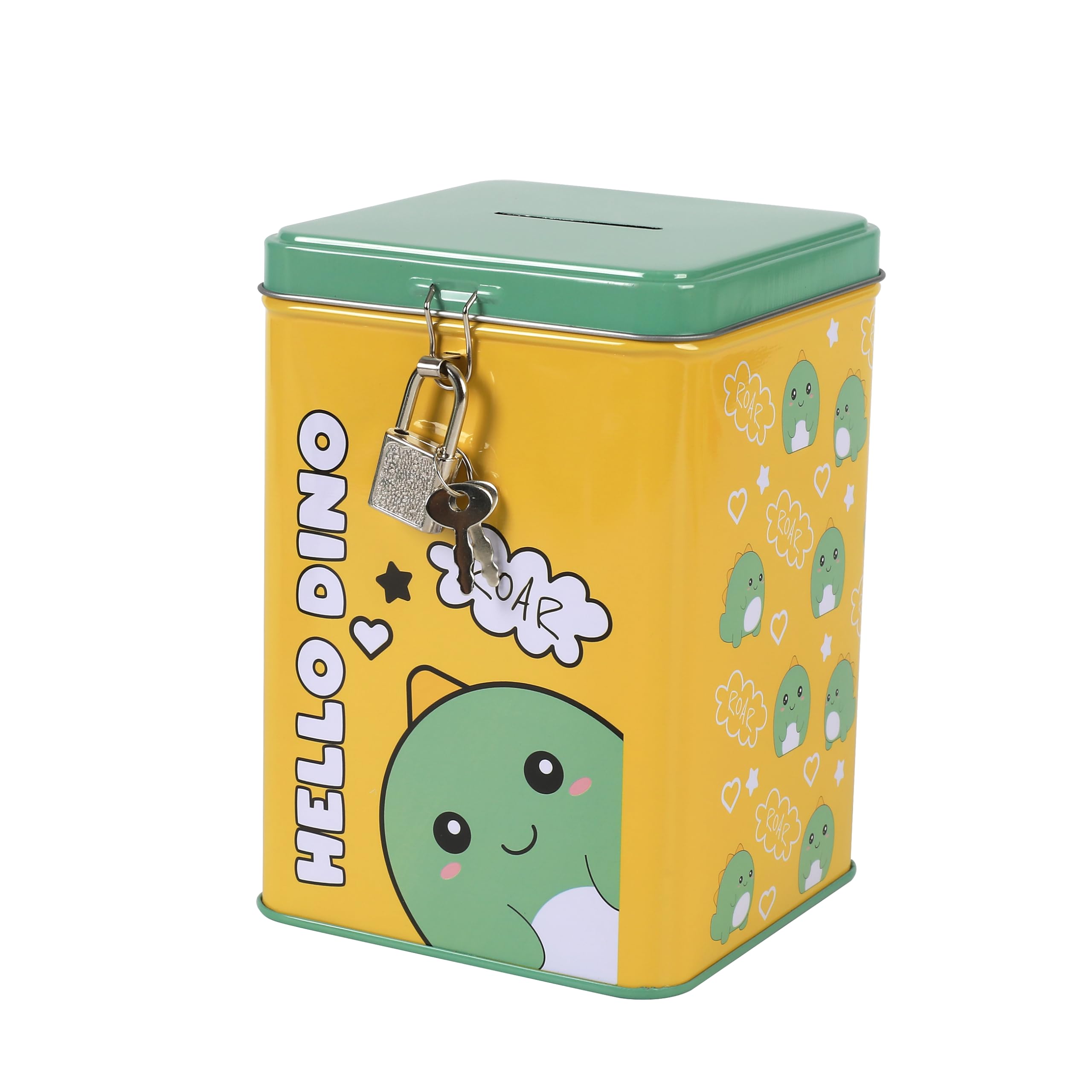 I-TOTAL® - Fun MONEY BANK with padlock and keys/Metal Money Bank with closure (HELLO DINO) - Image 2