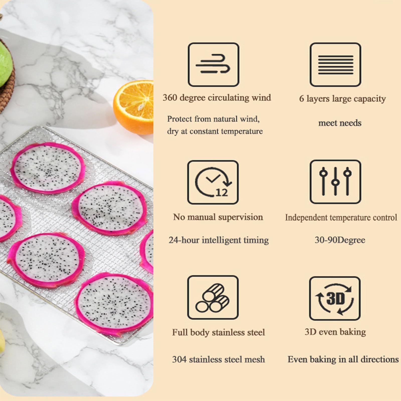 Dörrgerät für Hundefutter, Leckerlis, Obst und Gemüse, Trocknertabletts, elektrischer Lebensmitteltrockner mit digitaler Zeitschaltuhr, für Obst, Fleisch und Trocken, 18 Tabletts (6 Tabletts)