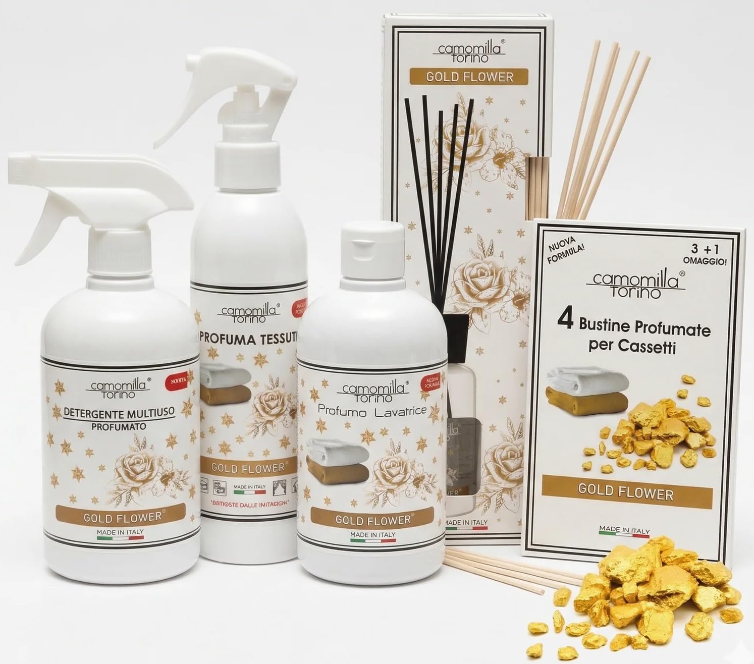 Camomilla Torino Set Gold Flower, Detergente Multiuso, Profuma Tessuti, Profumo Lavatrice, Diffusore con Bastoncini, 4 Bustine Profumate per Cassetti