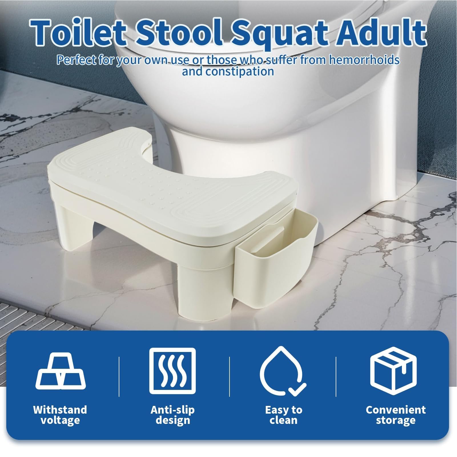Tabouret de toilette pour adulte - Design antidérapant avec pieds de toilettes - Aide aux accroupissements avec boîte de rangement pour adultes - Parfait pour une meilleure digestion et un confort