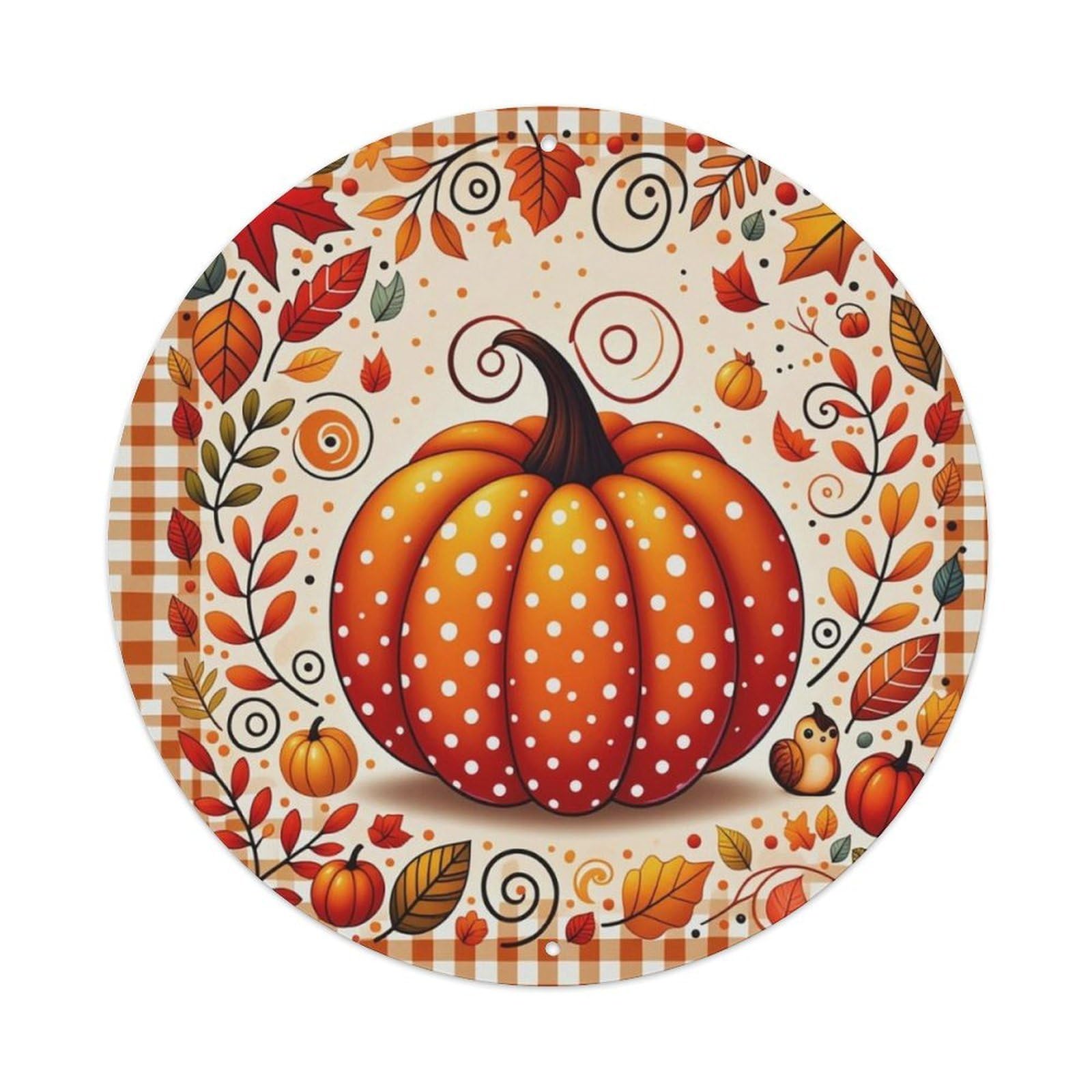 Plaid Autumn Pumpkin Leaves Round Decor Sign Vintage Aluminium Metal Sign, Retro Wall Decor for Home, Bar, Garage & Farmhouse 20x20cm