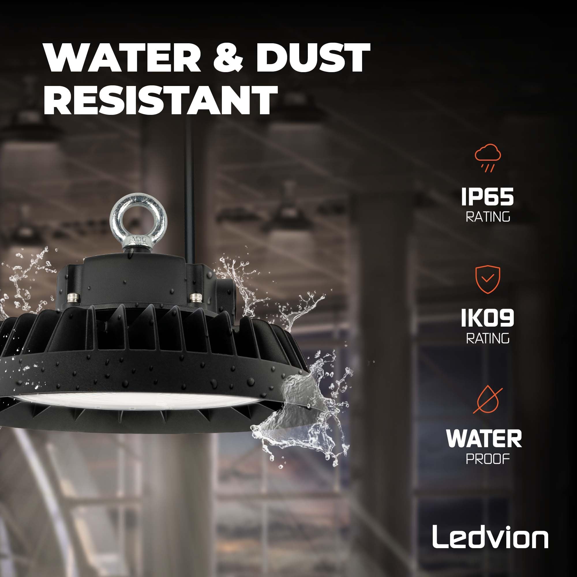 Ledvion - LED Lámpara de Alta Bahía, IP65, 150-130-110W, 185 lm/W, Driver, 4000K, Regulable, Campana LED UFO, Lámpara de Alta Bahía para Naves Industriales, Almacén, Taller, Garaje