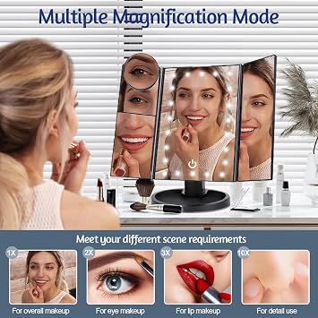 Lighted Makeup Mirror with 22 LED Lights, Dual Power Supply 1x/2x/3x/10x Magnifying Touch Screen Dimmable Mirror, 180 Degree Adjustable Angle, Travel Cosmetic Mirror - Black