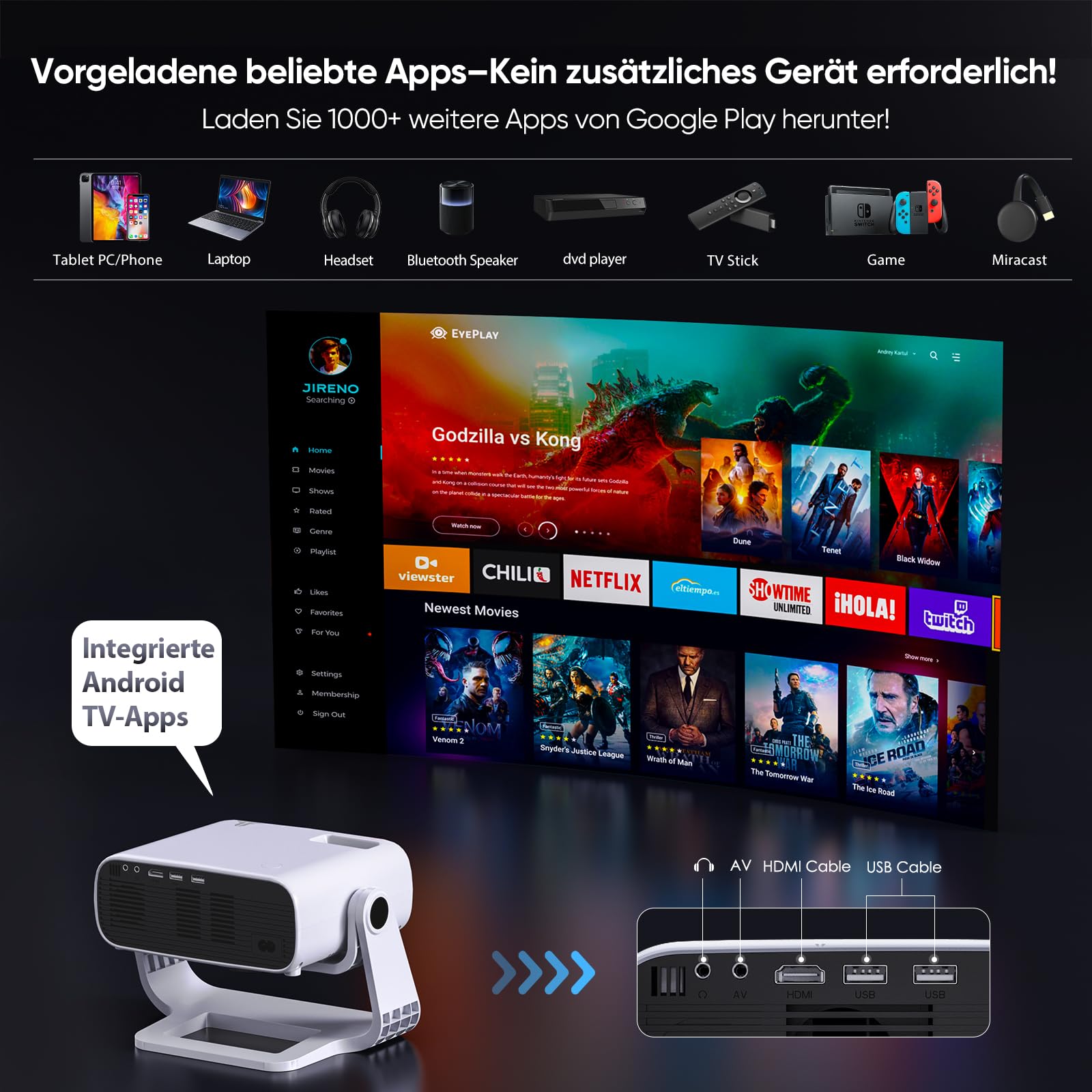 Wielio 2025 Neuer Smart Beamer,Integrierte Apps,Android 11,Native 1080P mit 4K Unterstützung,Trapezkorrektur,WiFi 6&Bluetooth 5.2,20000 Lumens,Heimkino Beamer Kompatibel mit iOS/Android/PS5