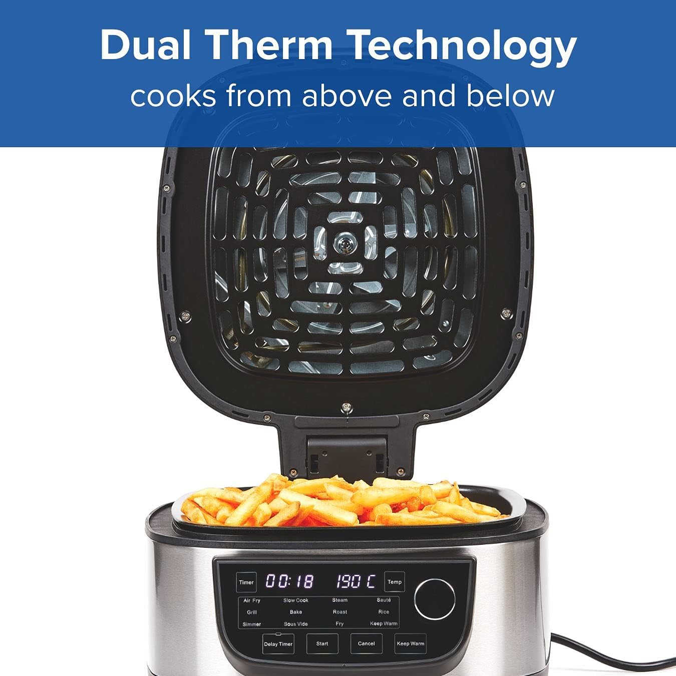Inside view of the Power XL Grill Air Fryer Combo showing the top heating element and a tray of fries, illustrating Dual Therm Technology.
