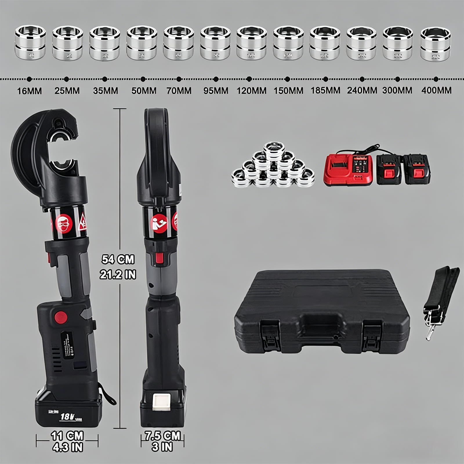 Pinza crimpatrice idraulica ricaricabile 12 tonnellate per pinza crimpatrice, crimpatura continua cavi rame alluminio, batteria 18V 4Ah e portatile