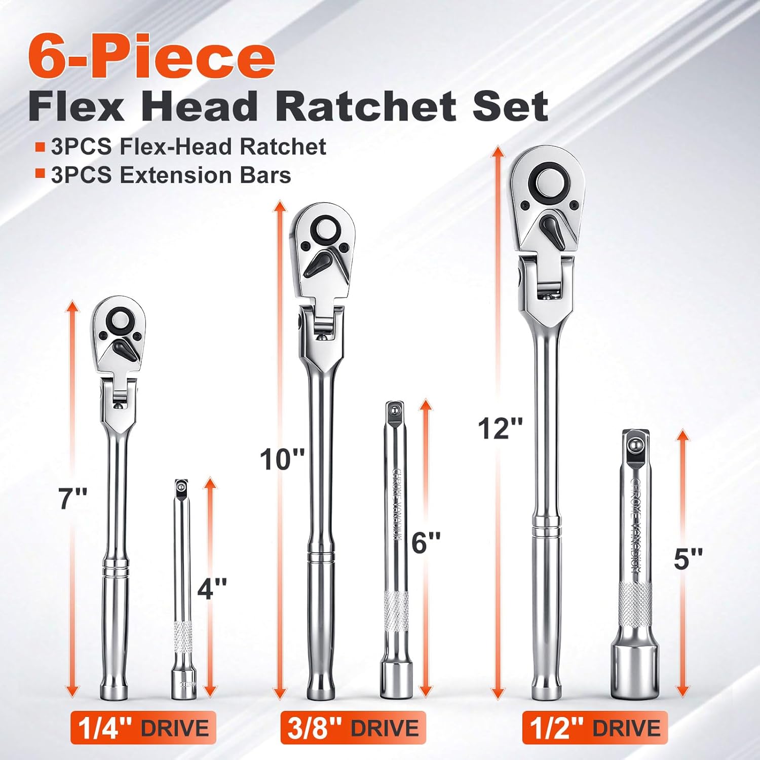 6-Piece Flex Head Ratchet Set, 1/4", 3/8", 1/2" Drive Socket Wrench, Swivel Head Ratchet with Extension Bar, 72 Tooth, Quick-Release & Reversible Switch, with EVA Foam for Auto & DIY Repair