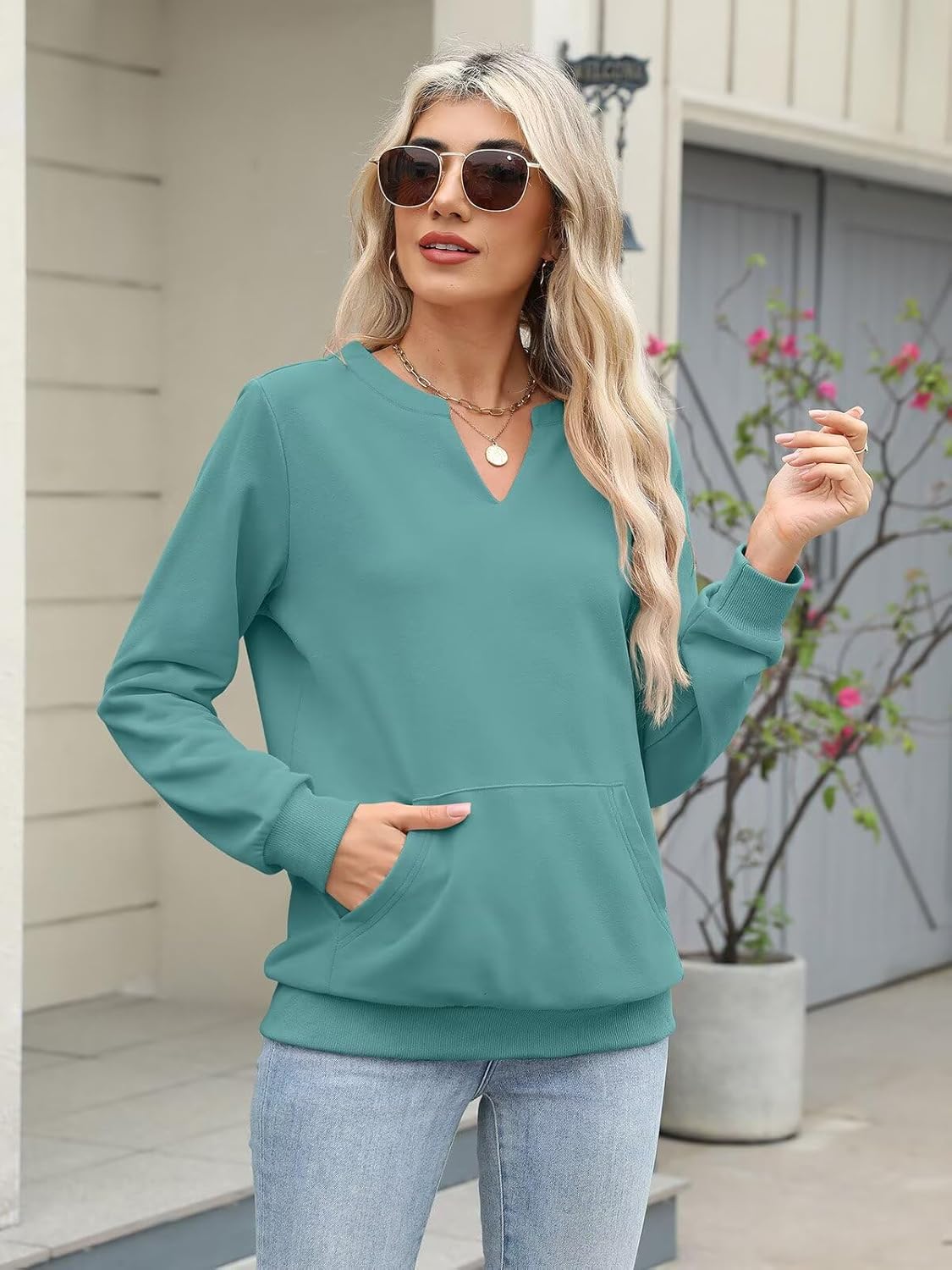 EADINVE Womens Casual Sweatshirts with Pockets Long Sleeve V Neck Lightweight Pullover Casual Loose Fit Tops Fall Clothes - Image 4
