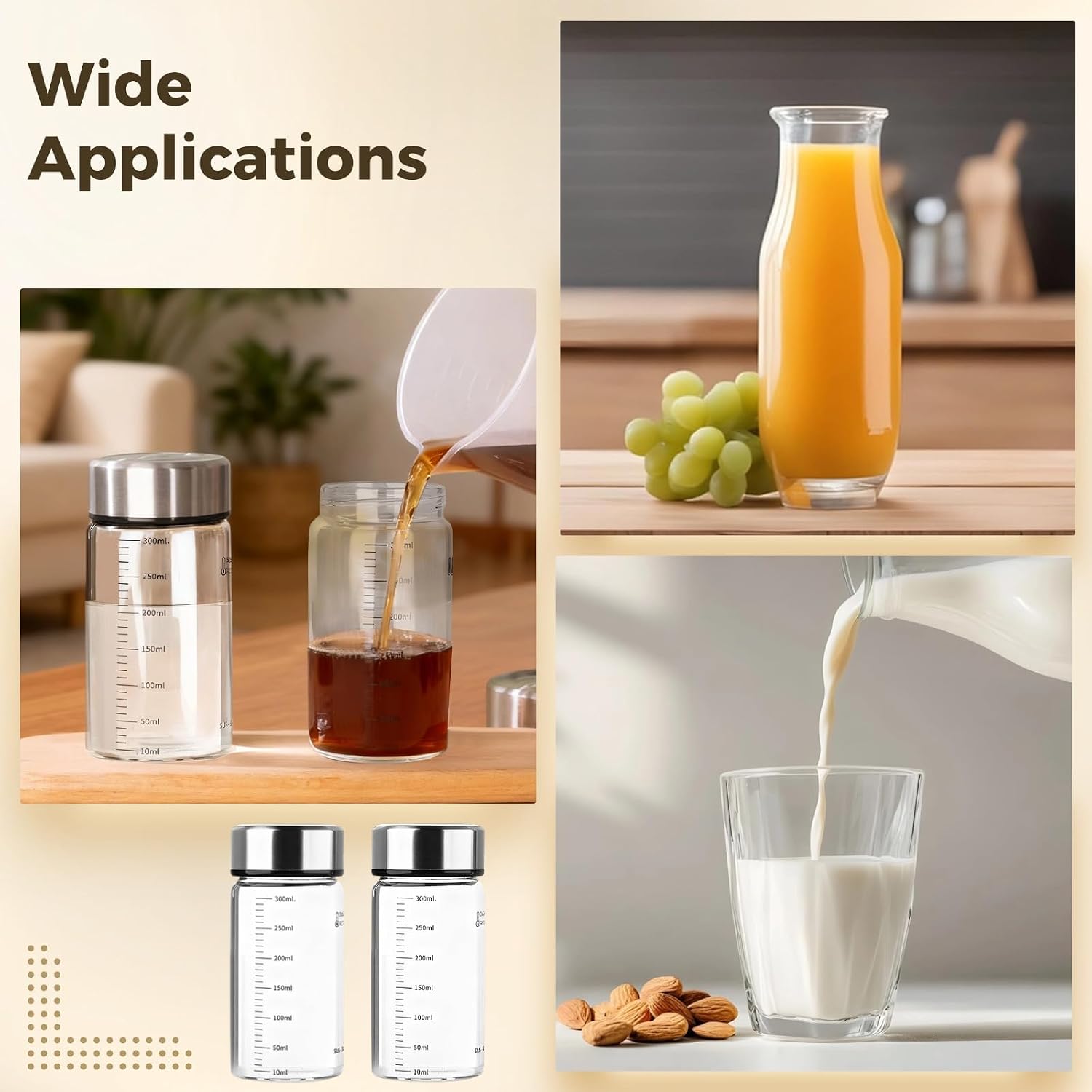 4 Pcs Food Storage Containers, 10 Oz/300 Ml Glass Bottles, 5.75 X 2.56 In/14.6 X 6.5 Cm Borosilicate Reusable Drinking Bottles, Clear with Stainless Steel Lids & Scale