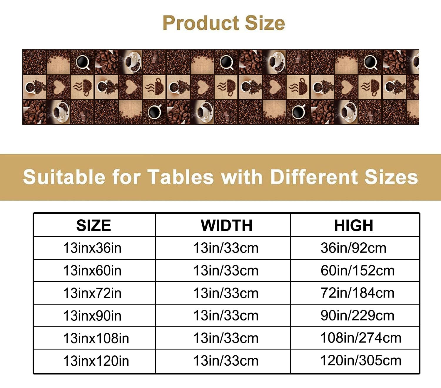 Coffee Print Table Runner Non-Slip Rectangle Modern Art Coffee Cup Coffee Bean Abstract Heart Print for Dining Room Kitchen Living Room Party 13x36 Inch