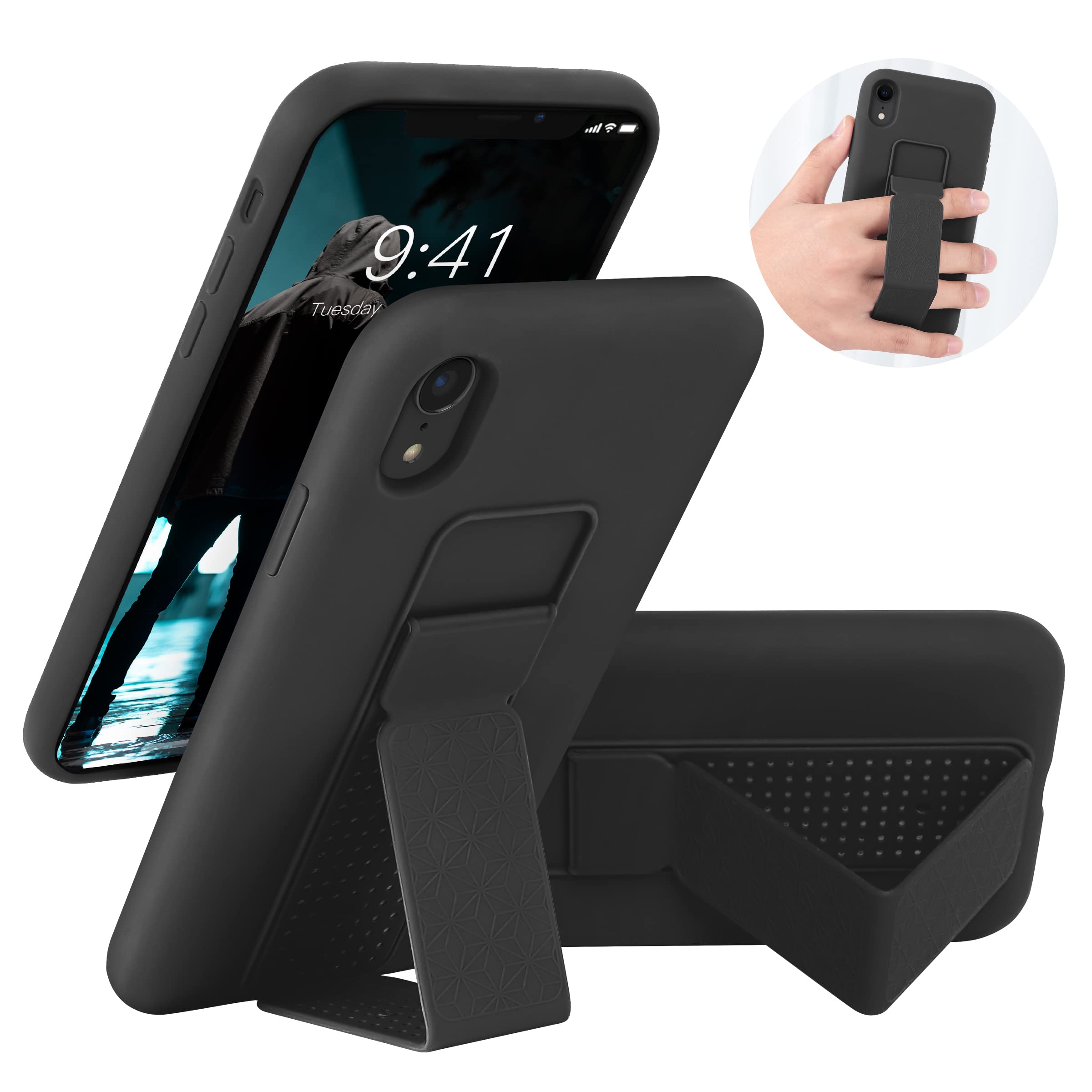 LAUDTEC Silicone Kickstand Case Compatible with iPhone XR, Vertical and Horizontal Stand Hand Strap Metal Kickstand Cover, Flexible Soft Liquid