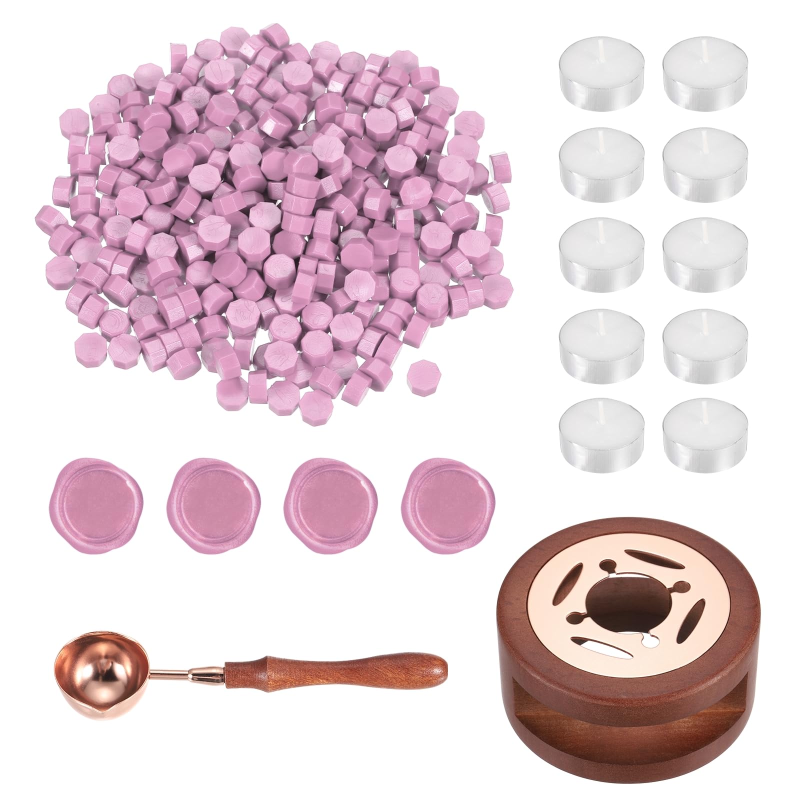 PATIKIL Wax Seal Kit, 300 Pcs Wax Sealing Beads, Wooden Warmer, Melted Spoon, 10 Pcs Tealight Candles for Envelope Letter Mailing Crafts DIY, Pink