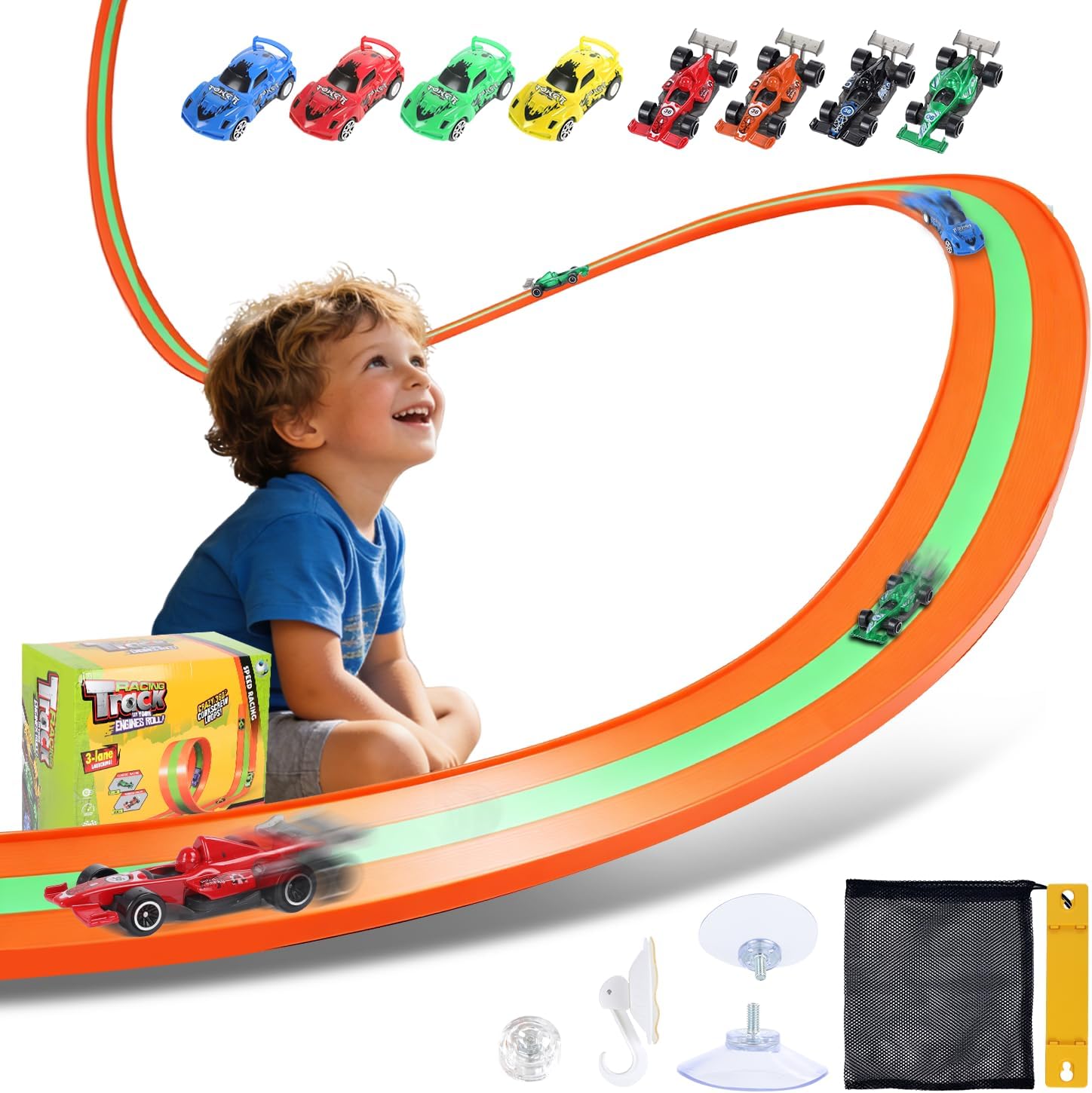 3-Lanes Flexible Race Track for Kids 3+, 16Ft Race Car Track Set with 8 Racecars & 20 Suction Cups, Compatible with 1/64 Diecast Cars Hot Wheels Marbles, Boys Girls Gift - Orange Green