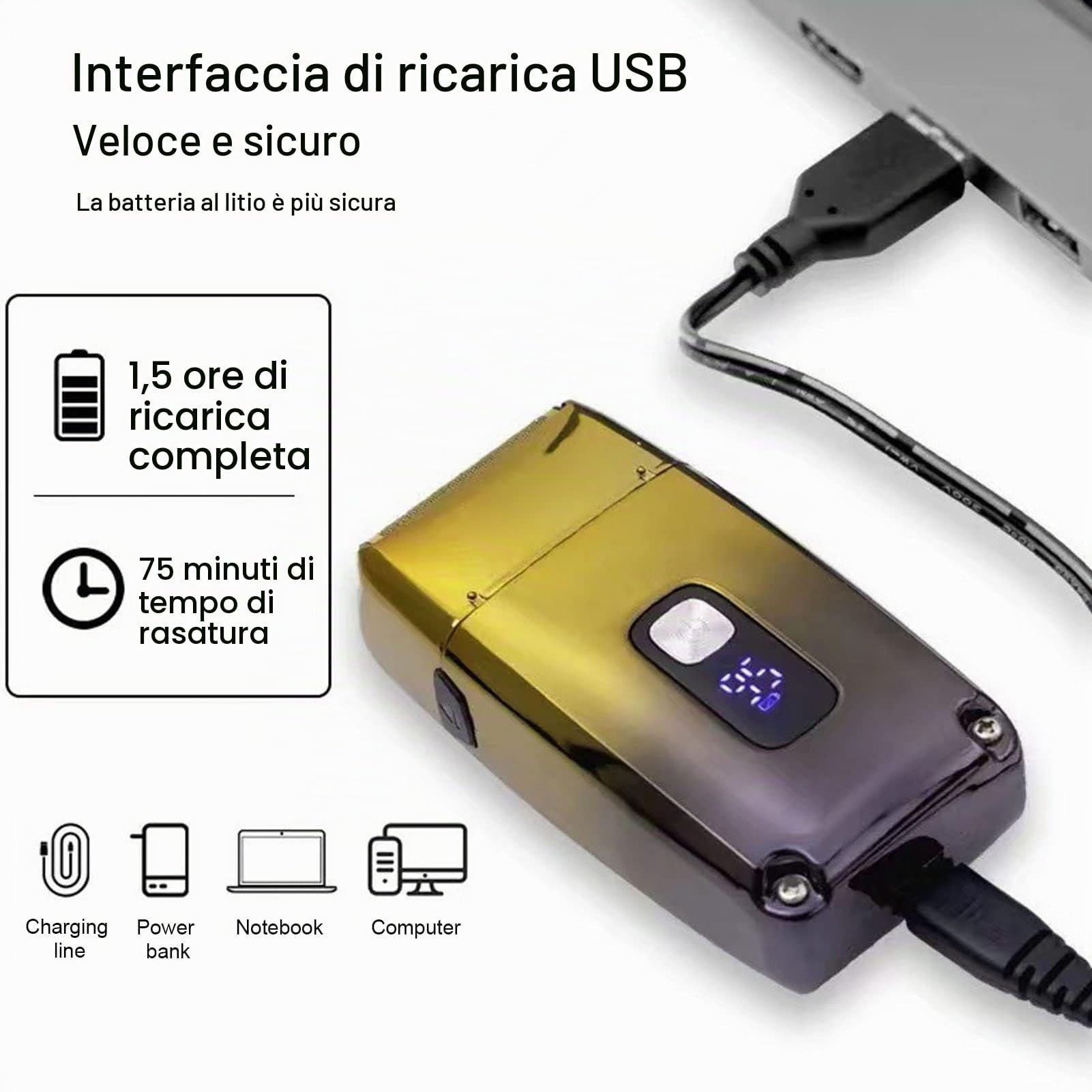 Rasoio Elettrico a Tripla Lame Rasoio a Lamina USB Ricaricabile Display LCD Rasoio Elettrico Impermeabile Rasoio da Viaggio Portatile da Uomo