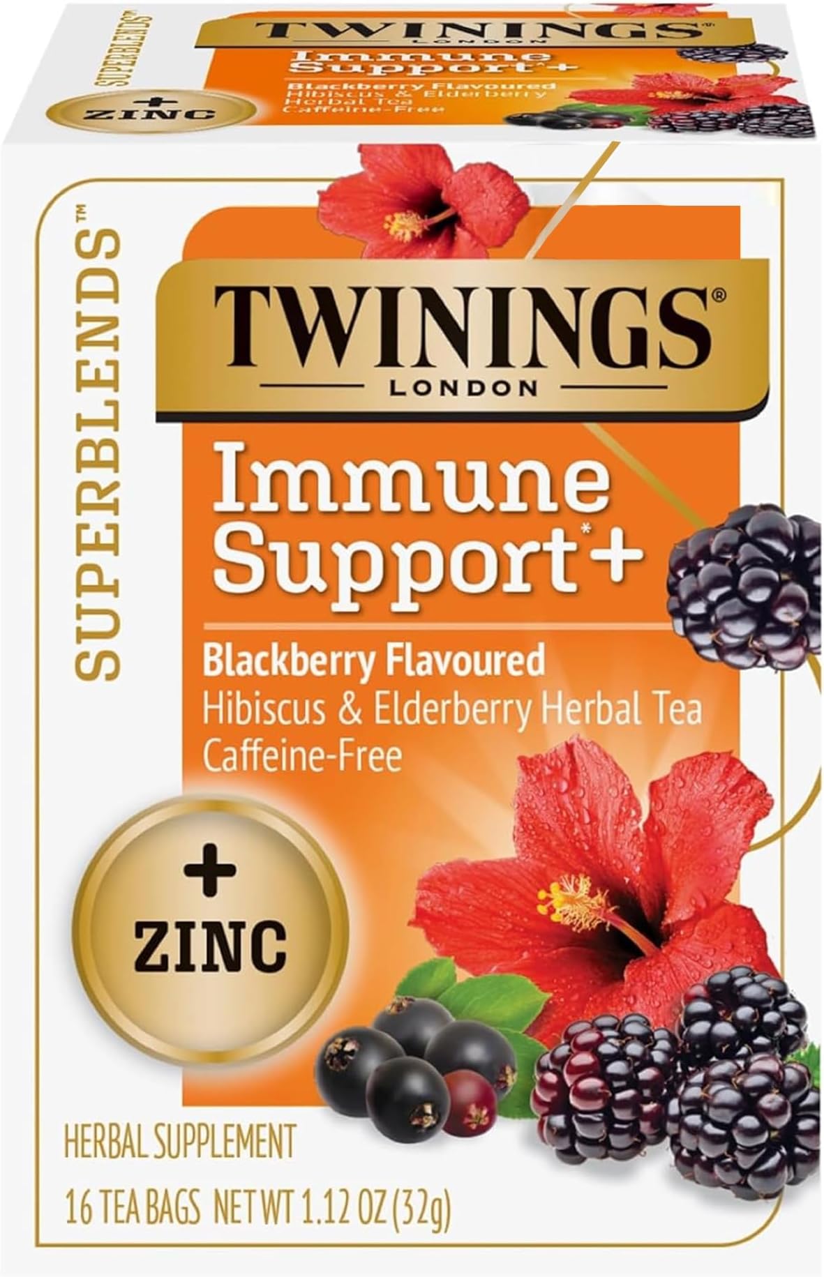 Twinings Superblends Immune Support+ Zinc Blackberry Flavoured Hibiscus & Elderberry Herbal, Naturally Caffeine-Free, 16 Tea Bags (Pack of 1), Enjoy Hot or Iced