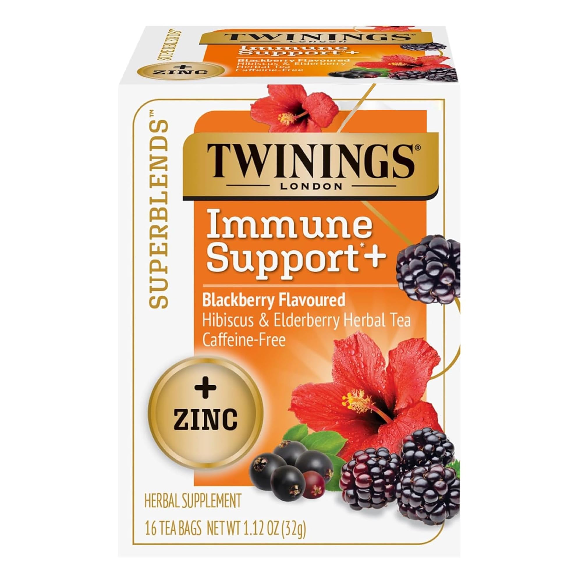 TwiningsSuperblends Immune Support+ Zinc Blackberry Flavoured Hibiscus & Elderberry Herbal, Naturally Caffeine-Free, 16 Count (Pack of 1), Enjoy Hot or Iced, 16 Teabags