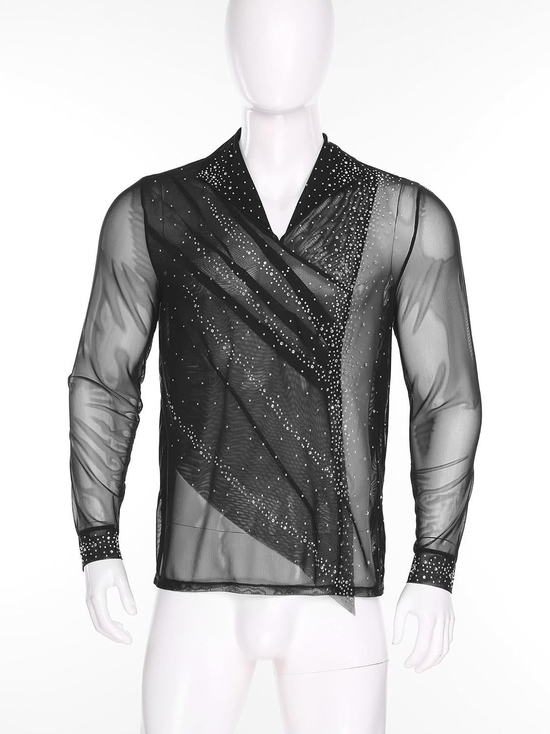 JanJean Men Latin Dance Leotard Latin Ballroom Dance Shirt Long Sleeve Competition Skating Wear Black XX-Large
