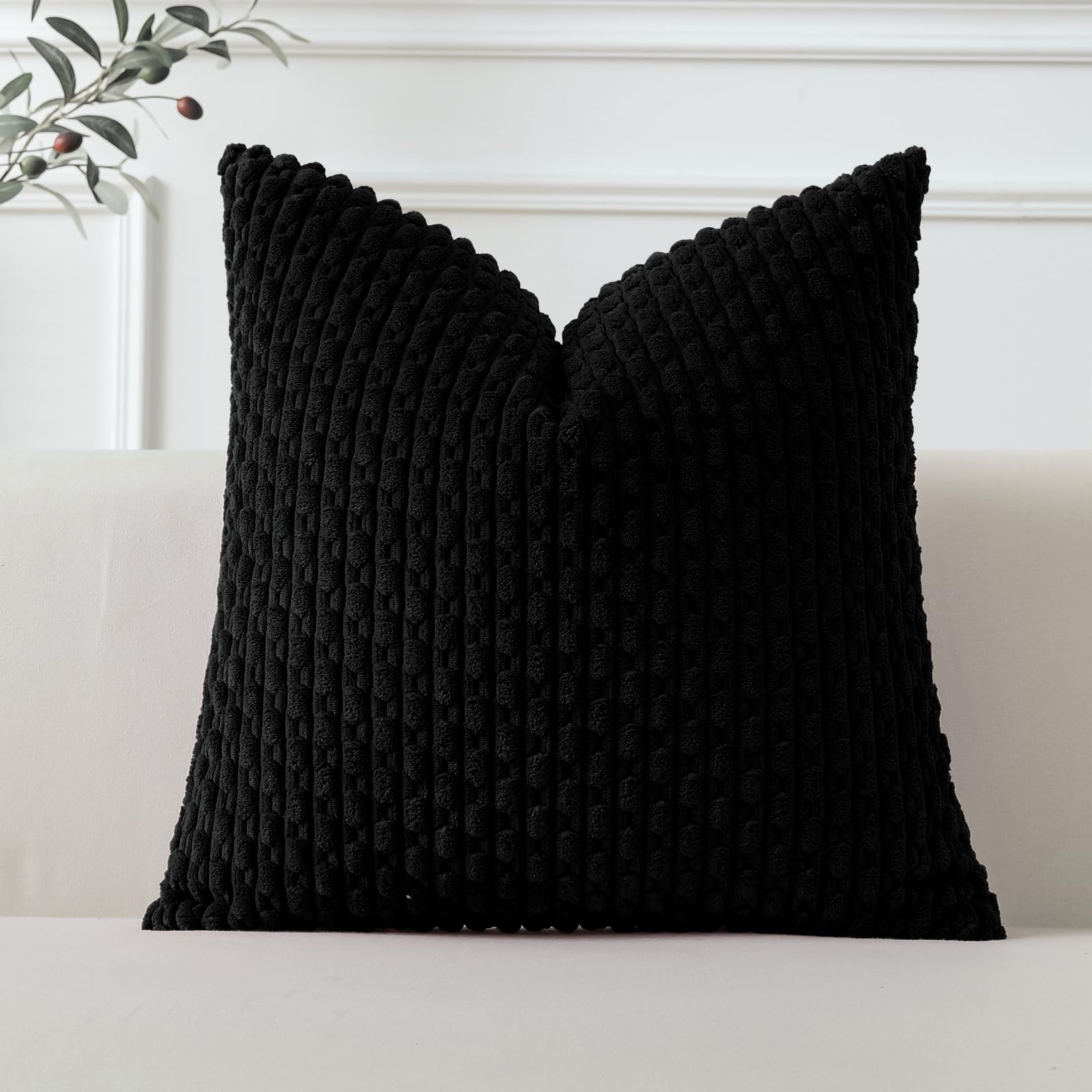 Sungeek Set of 1 Black Soft Corduroy Decorative Cushion Cover Boho Striped Throw Pillow Cover for Sofa Couch Living Room Patio Farmhouse Home Decor Pillowcase 50x50cm