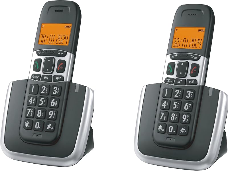 D1004 Cordless Phone for Home, ECO Technology, 1.6‘’ Amber LCD Display, Caller ID, Big Buttons, Speakerphone(Twin Pack)