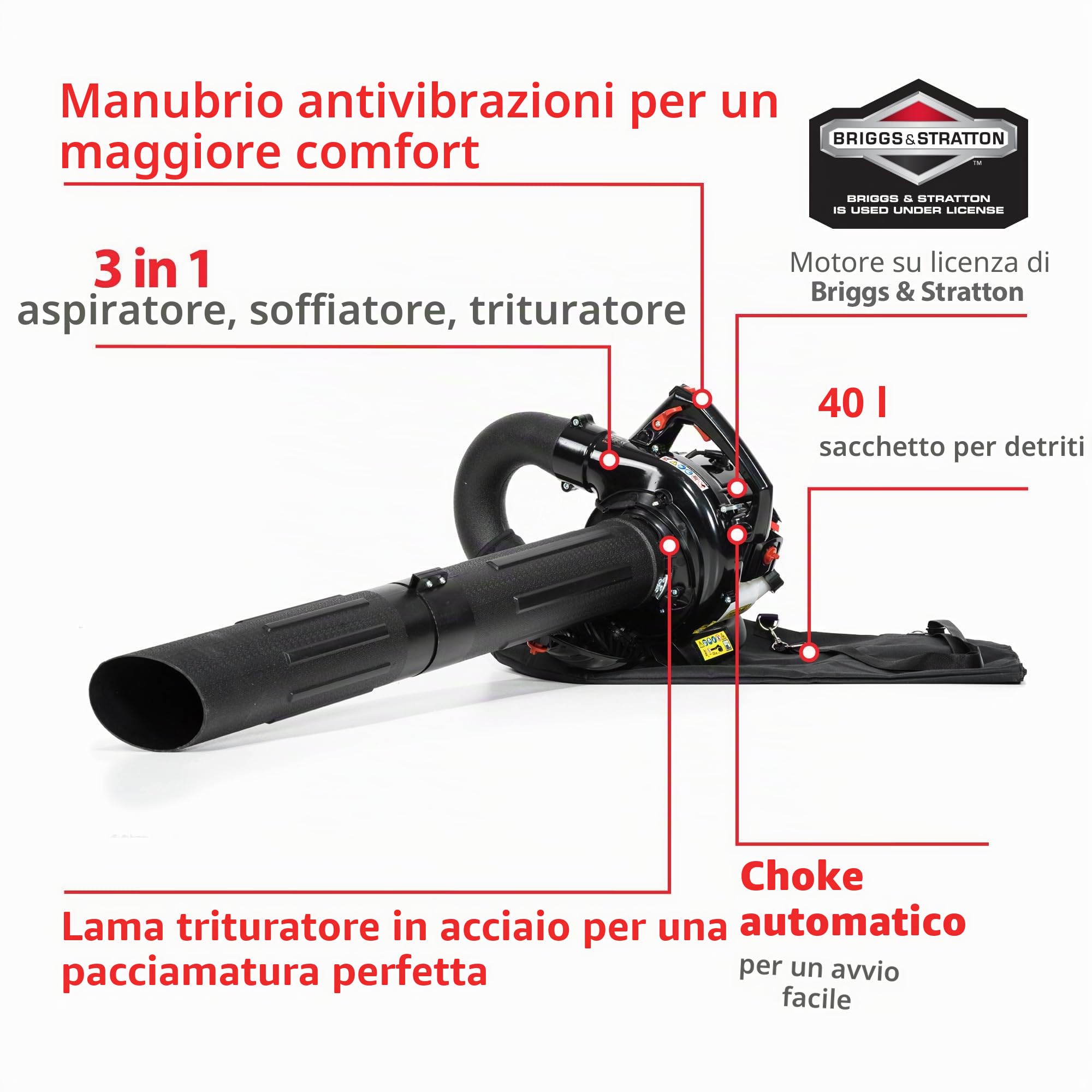 NAX POWER PRODUCTS 950V soffiatore per foglie motore 25,4 cm3 0,75 kW Briggs & Stratton prodotto con licenza sacco per foglie 40l aspiratore da giardino con funzione di soffiaggio