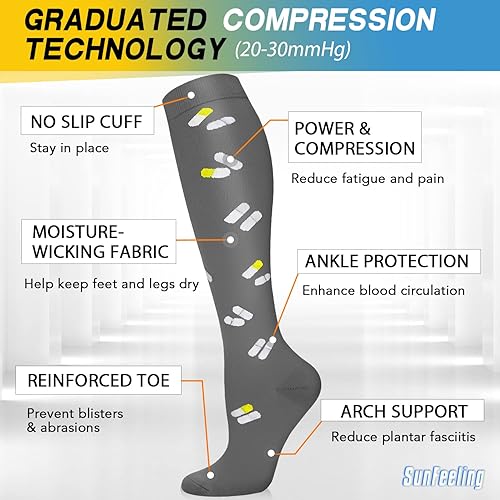 Miniatura 5 de 6 pares de calcetines de compresión para mujeres y hombres, circulación 20-30 mmHg, es el mejor soporte para correr, enfermería, deportes atléticos