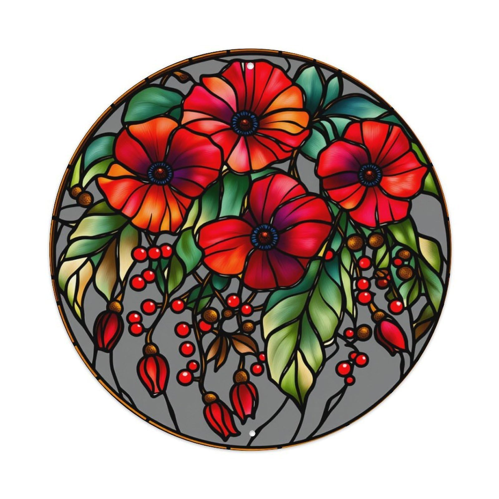 Floral Poppy Berries Leaves Circle Round Tin Sign Vintage Metal Poster Retro Bar, Home, Man Cave, Kitchen, Laundry Room Wall Art Decor Gift 8x8Inch
