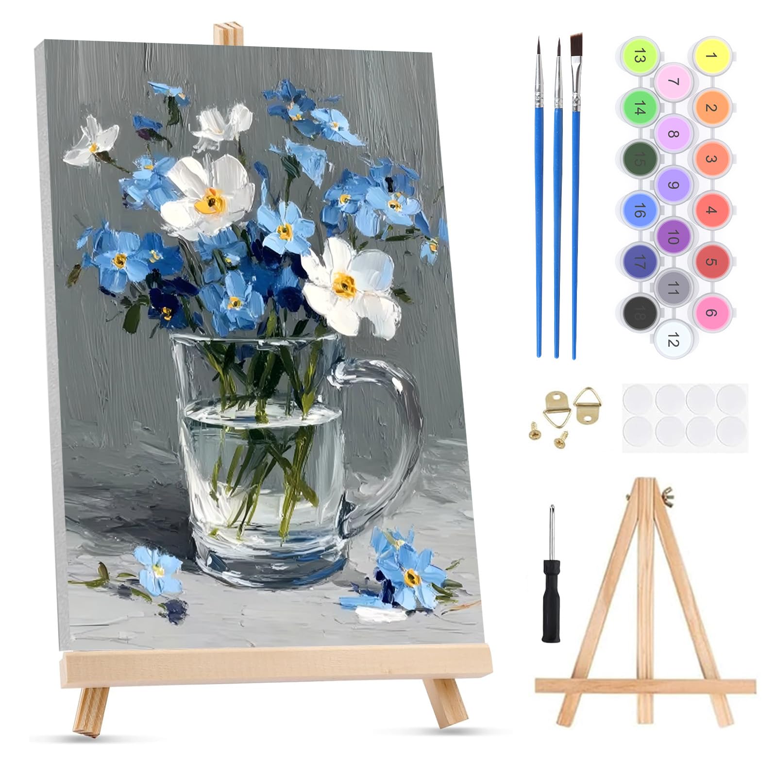 QENSPE Paint by Numbers for Adults on Framed Canvas - with Wooden Easel, Forget-Me-Not Painting by Number Kit for Beginners, DIY Flowers Acrylic Oil Painting for Home Wall Decor (8x12 inch)