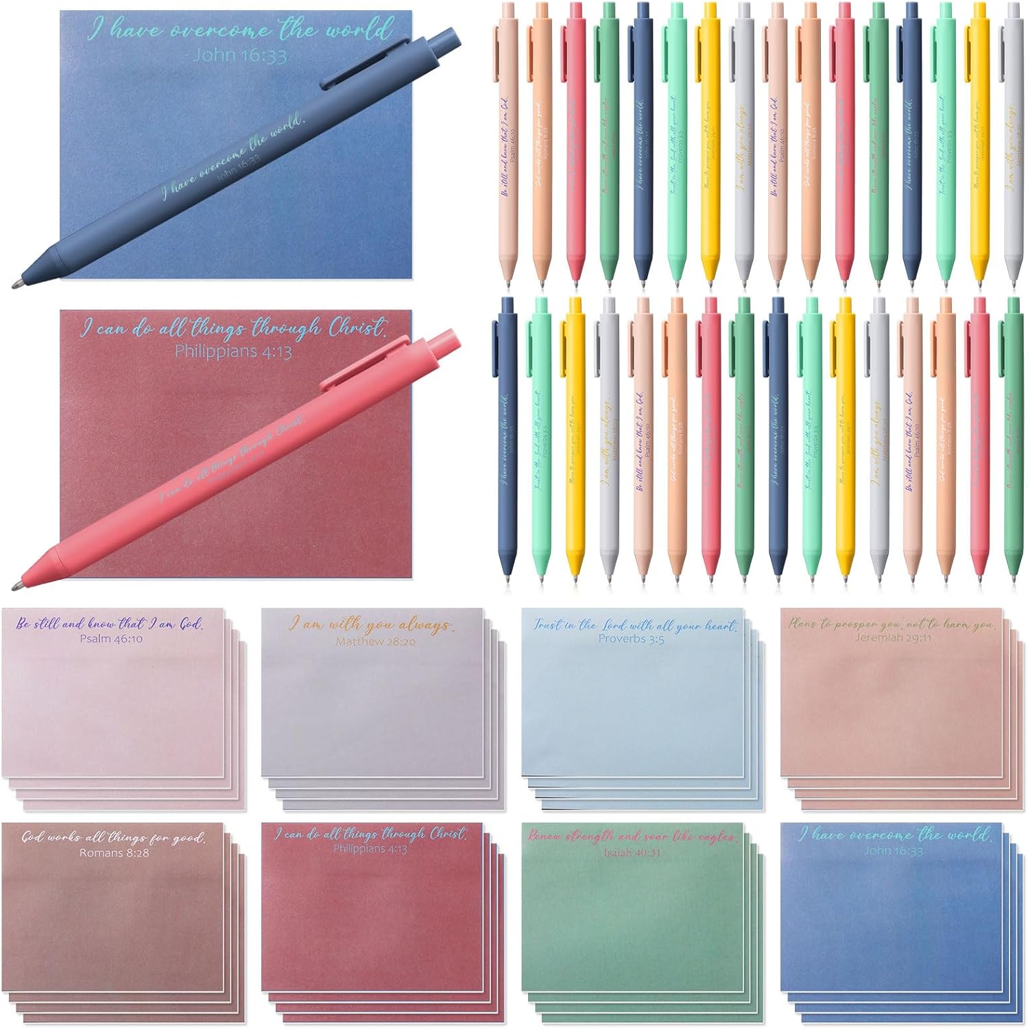 Thenshop 32 Sets Sticky Notes with Pens 1600 Sticky Notepads for School Office Supplies Bulk Mothers Day Appreciation Gifts(Religious,4.45 x 3.35 Inches)