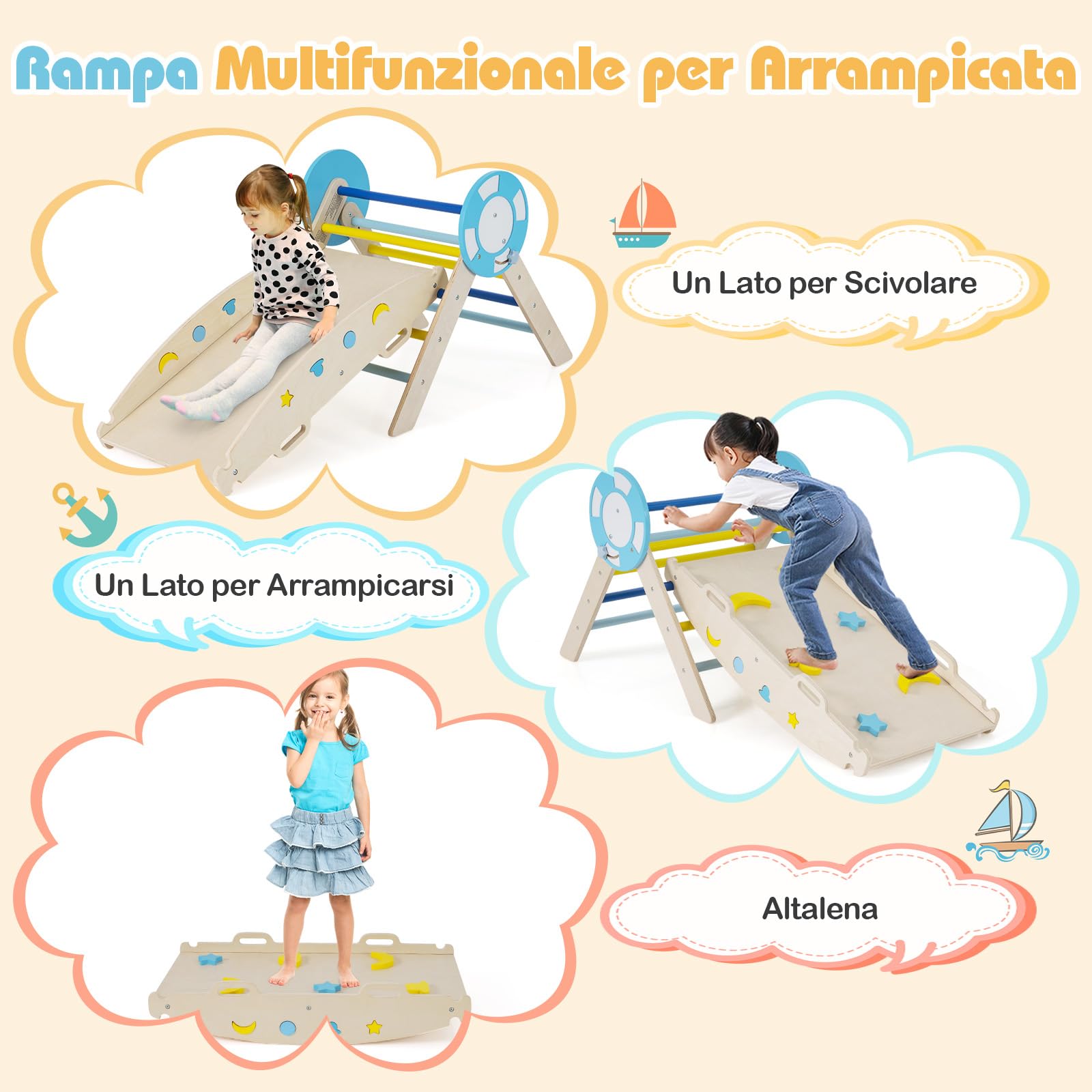 RELAX4LIFE Set da Arrampicata per Bambini, Triangolo di Arrampicata con Scivolo e Arco, Gioco di Incastri in Legno, Gioco Montessori per Bambini 1+ Anni (Marinaio-3 Pezzi | Macaron)