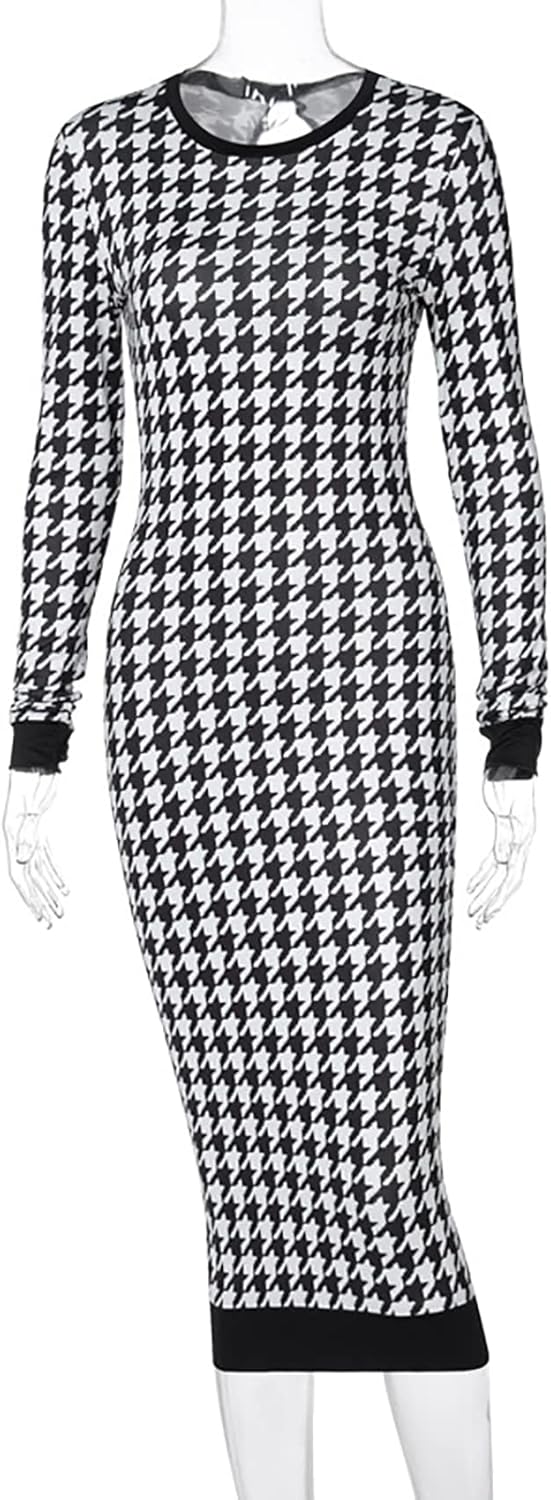 Suillty Women's Houndstooth Print Long Sleeve Midi Dress Hollow Out Bodycon Dress Party Club Dresses - Image 5