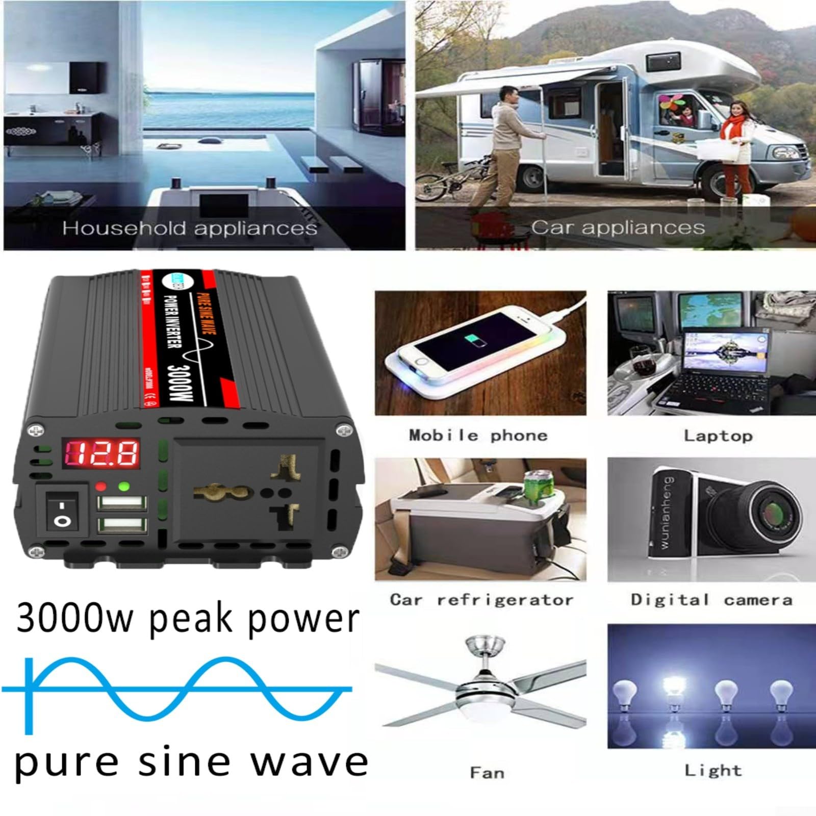 Onduleur sinusoïdal pur 3000 W, écran LCD, convertisseur de voiture, pour panneaux solaires, appareils ménagers (12 V à 220 V)