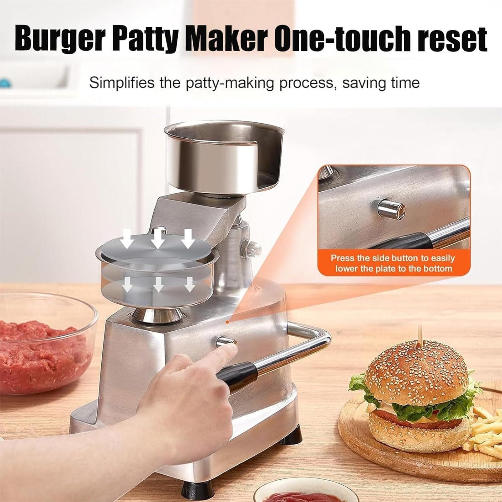 Burgerpresse Patty Maker – robuste manuelle Hamburgerpresse aus Edelstahl mit 100 Stück Wachspapier für Restaurants und Gastronomie, 11,2 cm, 12,7 cm, 15,2 cm, 15,2 cm