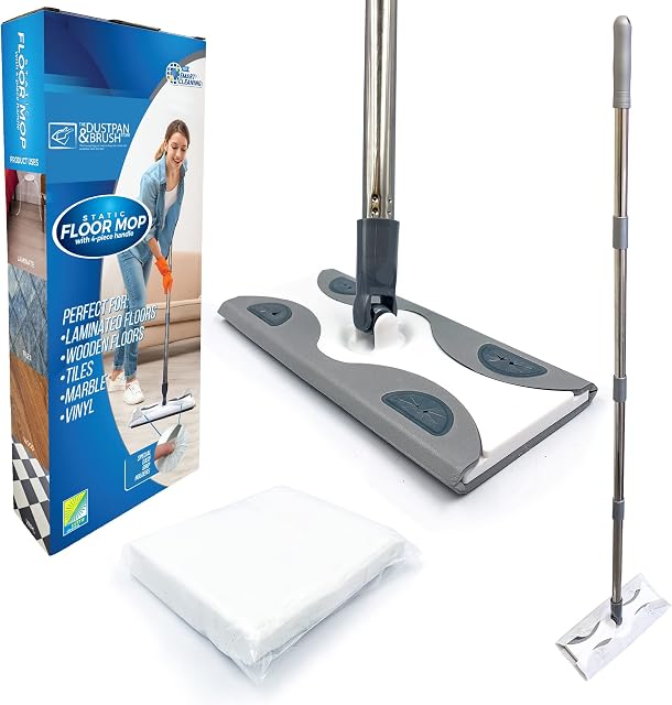 Static Floor Wipes Mop, Flat Mop with Disposable Floor Wipes for Quick and All-Purpose Cleaning, Floor Mops for Laminate Floors, Tiled, Wooden, or Vinyl Dust Mop Kit with 10 Dry Floor Wipes