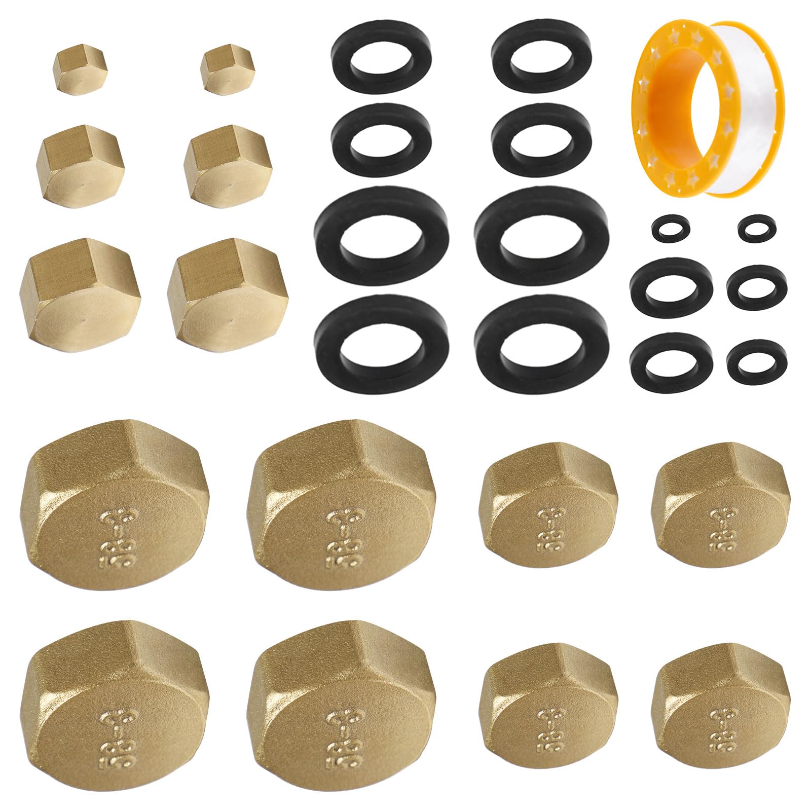 Neikafan 3/4 1/2 3/8 1/4 1/8 Female Blanking Cap 14 Pcs Radiator Stop End Cap Blank Plug with 14 Pcs Sealing Washer and 1Pcs Plumber's Tape for Radiator Valve Pipe Fittings Washing Machine