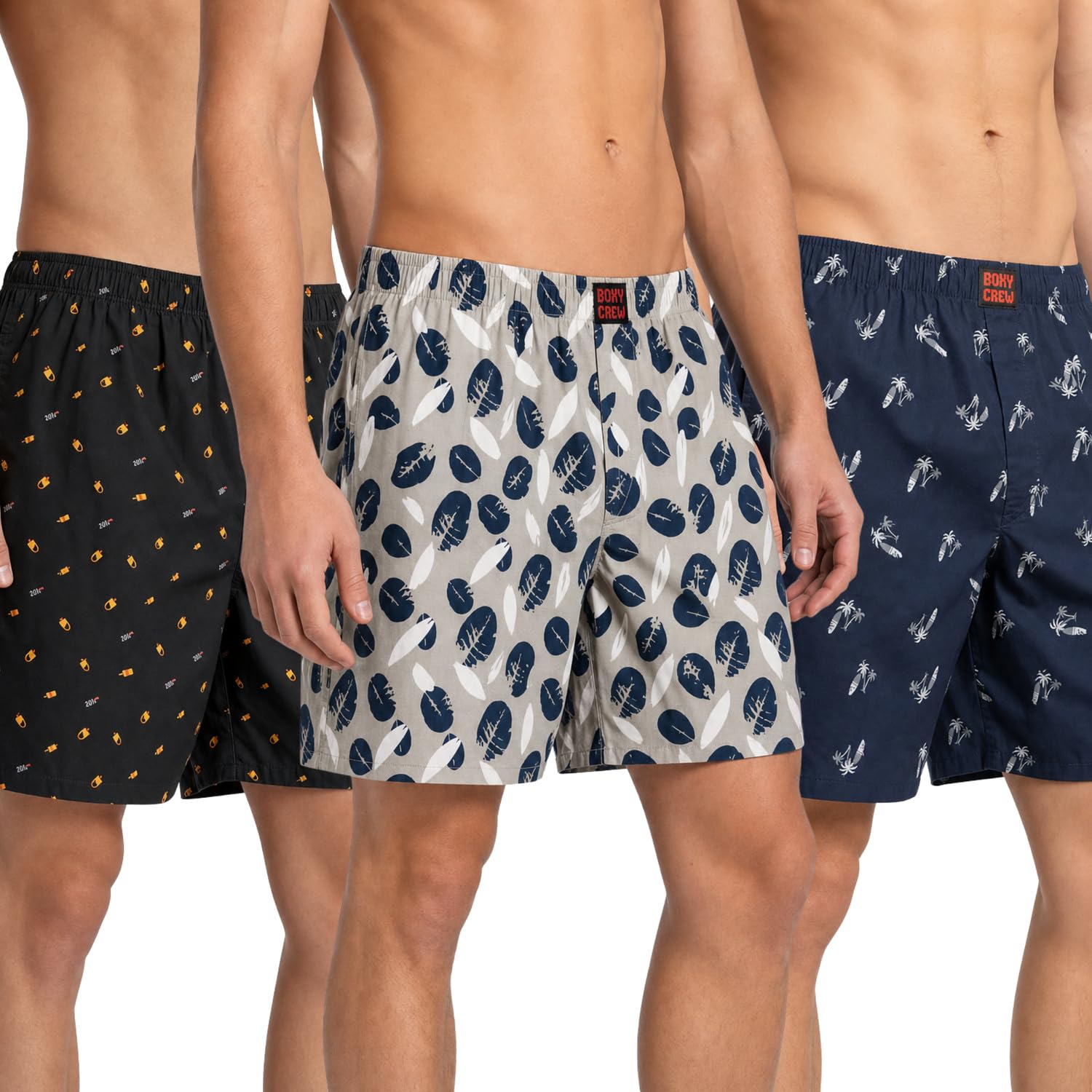 Men's 100% Cotton Printed Boxer Shorts Pack of 3 with Dual Side Pockets and Fabric-Covered Waistband - Black/Cream/Navy Blue, Styles MBX016, MBX021, MBX025-picture-38
