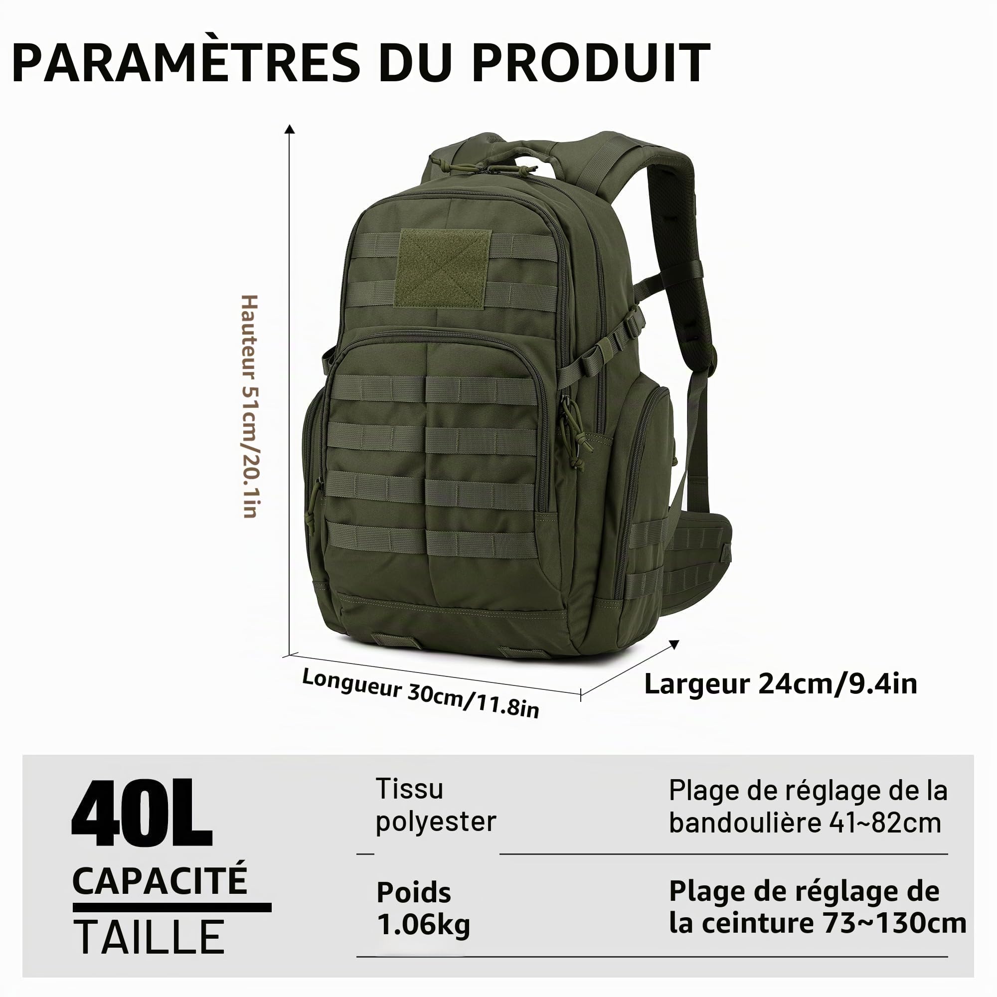 Mardingtop 40L Militaire Armée Sac à dos tactique multifonctionnelles rangement Adulte Sacs à Dos Trekking/Randonnée/en Plein air
