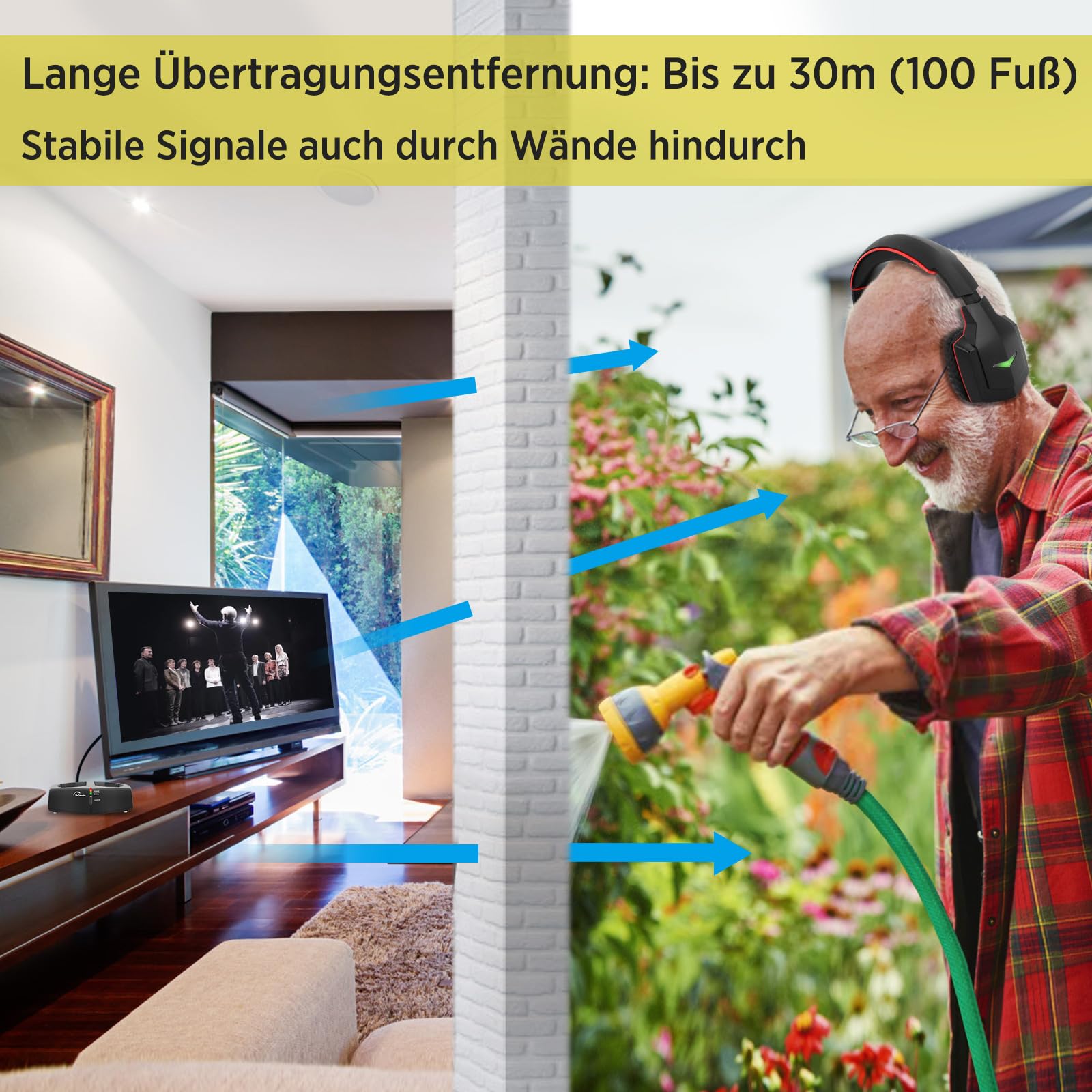 WallarGe Funkkopfhörer für Fernseher/TV, Over-Ear kabellose kopfhörer mit RF Digitales Ladestation mit Reichweite 33 m für Fernseher HiFi, Sender mit Optisches und Aux Port (Schwarz & Rot)