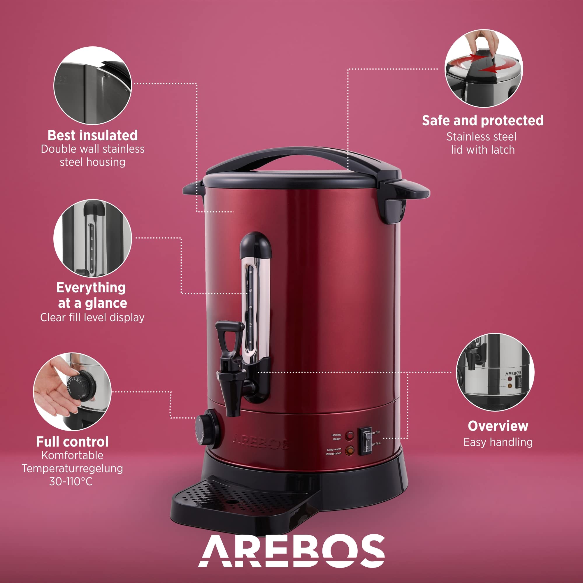 Bollitore Arebos 6.8L - Distributore Bevande Calde, Temperatura Regolabile 30-110°C, Per Vin Brulè E Tè - Foto 13