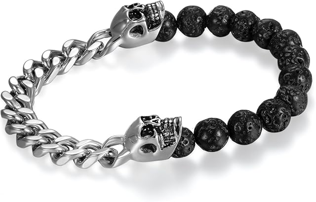 Cupimatch Stainless SteelSkull Bracelet, Mens Skull Bracelet 8mm Buddha Black Beads Stretch Gothic Jewelry