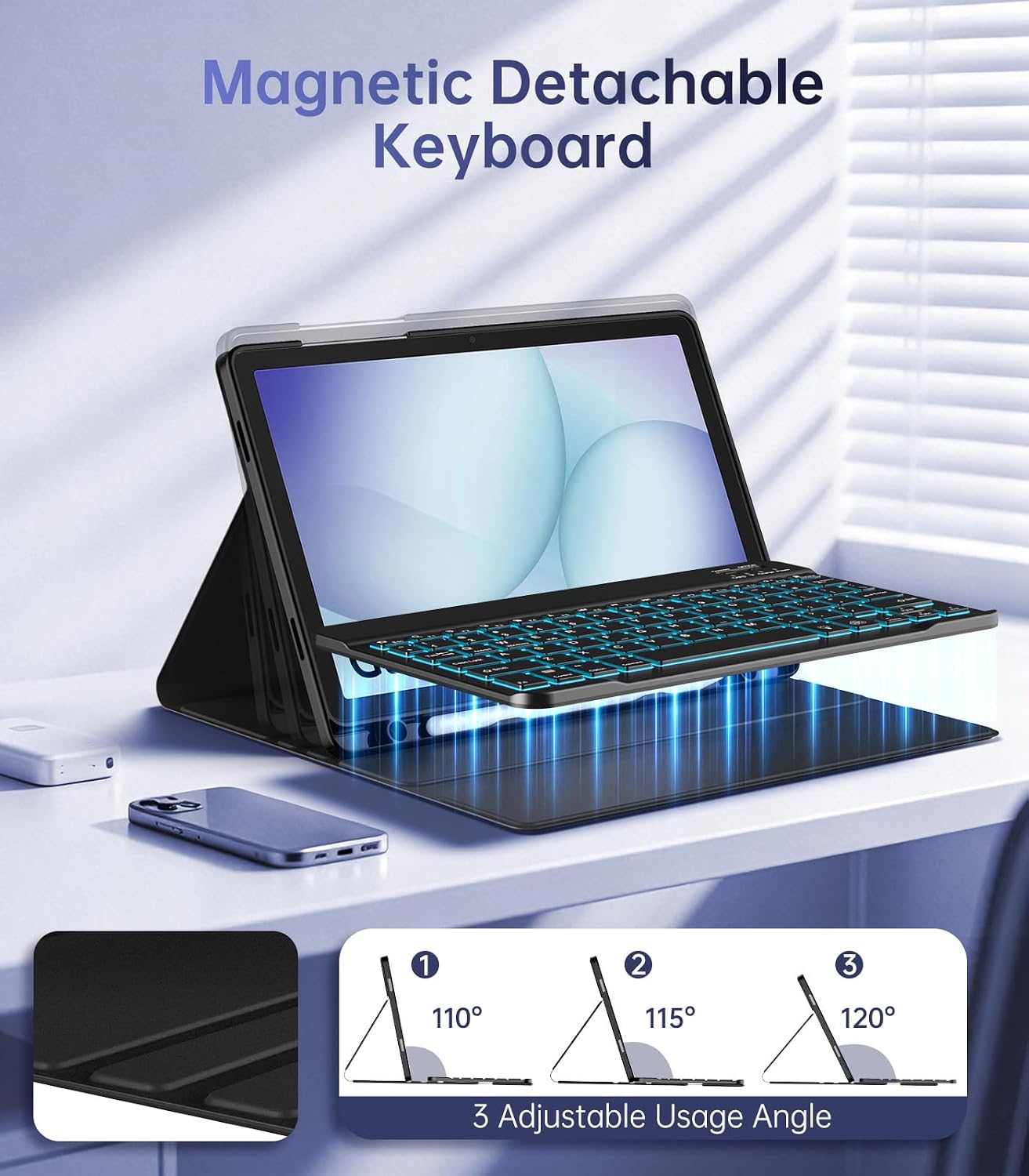 MoKo for Samsung Galaxy Tab A11 Plus/A9 Plus 11" Case with Keyboard & Mouse (2026/2024) - 7 Color Backlit Detachable Wireless Keyboard Cover with S Pen Holder for Galaxy Tablet A11+/A9+ Case, Black