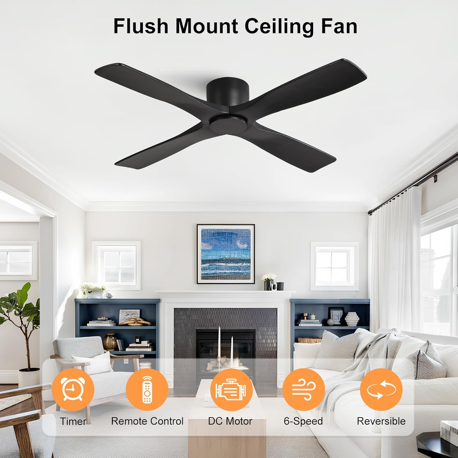LEDLUX 48" Ceiling Fan without Lights - Modern Low Profile Flush Mount Ceiling Fan, 6-Speed Remote, 4 Solid Wood Blades, Quiet Reversible DC Motor, for Bedroom, Living Room, Matte Black