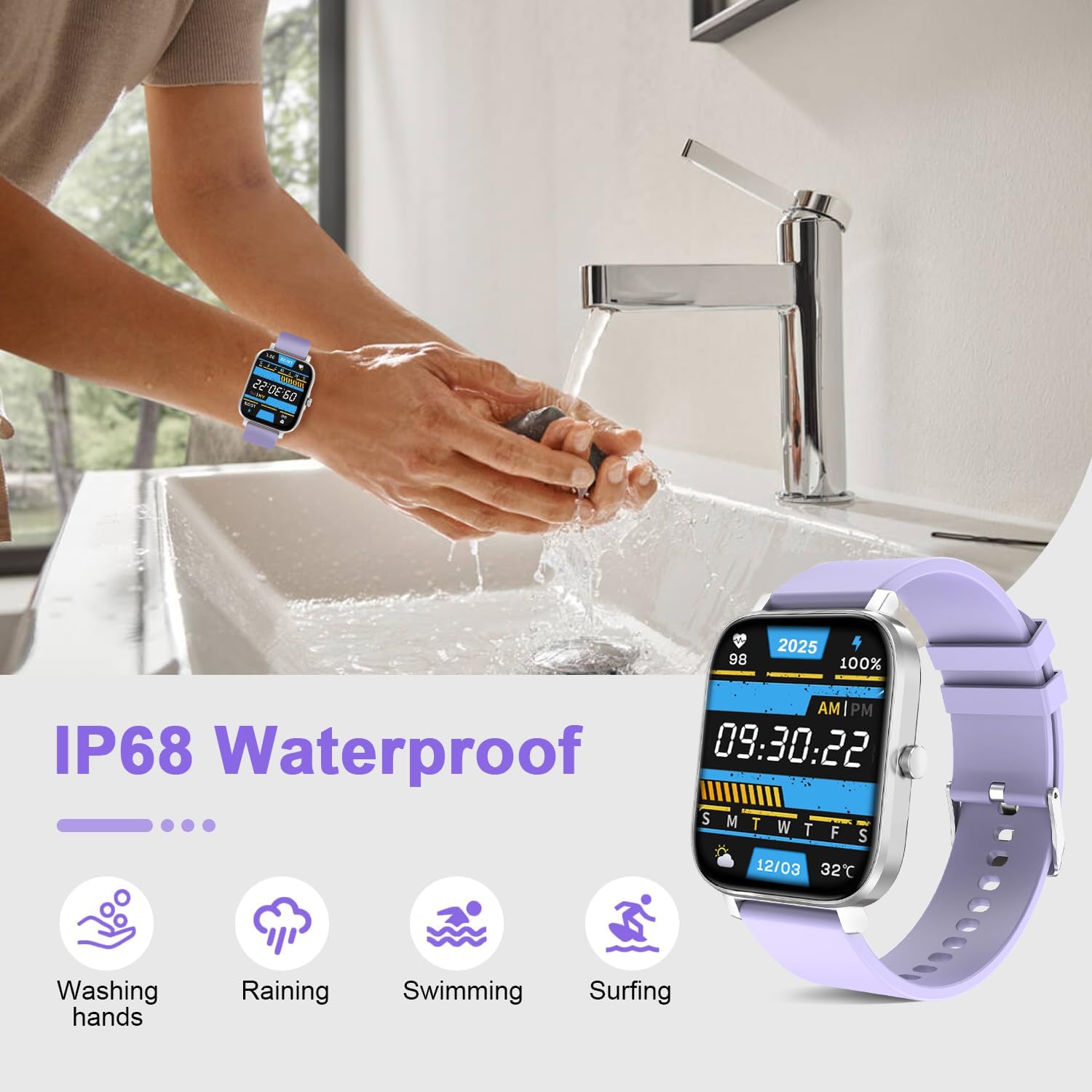 Smart Watch for Men Women Compatible with iPhone Samsung Android Phone 1.69 inch Full Touch Screen IP68 Waterproof Bluetooh Fitness Tracker Heart Rate/Sleep Monitor (Purple) - Image 7
