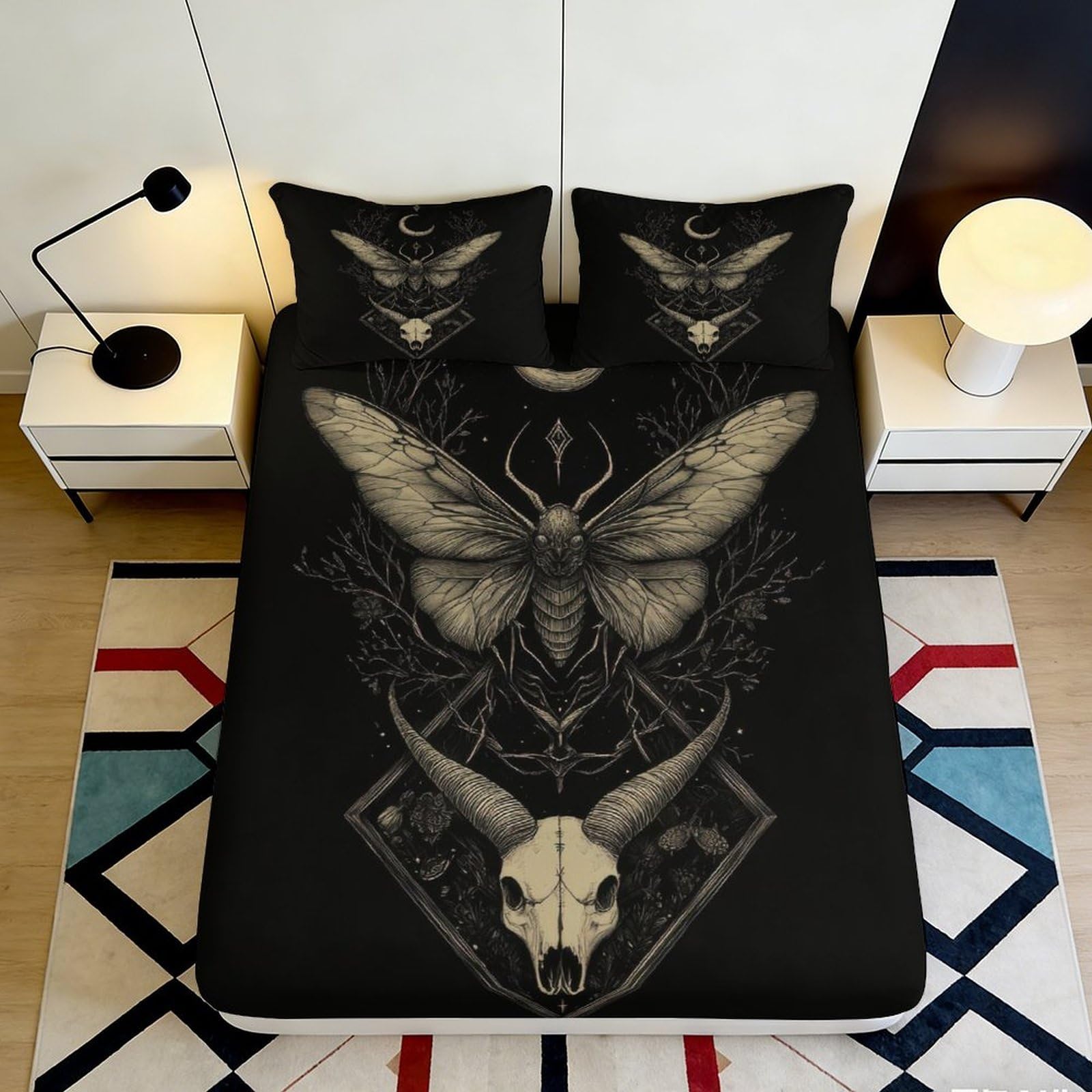 3D Printed gothic skull moth Fitted Sheet, microfiber soft touch, wrinkle resistant, easy care, bedroom bed cover, apartment bedding decor, anti-slip for adults, black 160x200x25cm