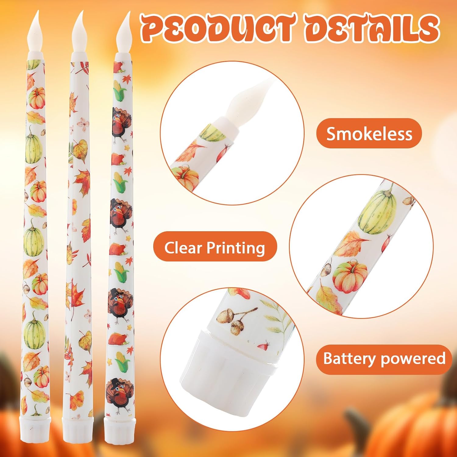 6 Pcs Thanksgiving Flameless Taper Candles 11 Inch Harvest Battery Operated LED Fall Leaves Pumpkin Turkey Candles Table Centerpiece for Home Party Decor