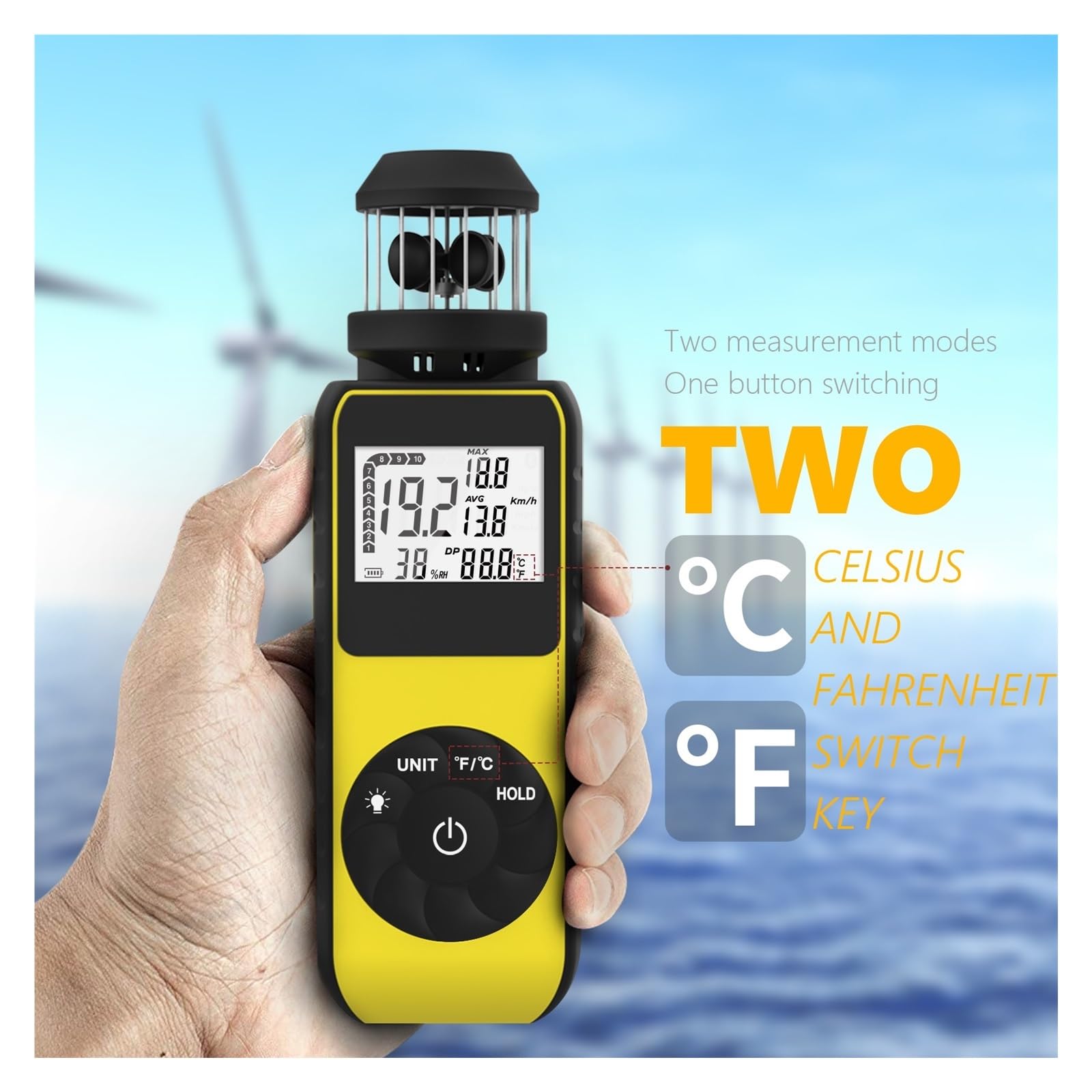 Wiatromierz, Anemometr kubkowy, cyfrowy wiatromierz z kierunkiem 360°, miernik prędkości mierzący temperaturę 0,7-42 m/s